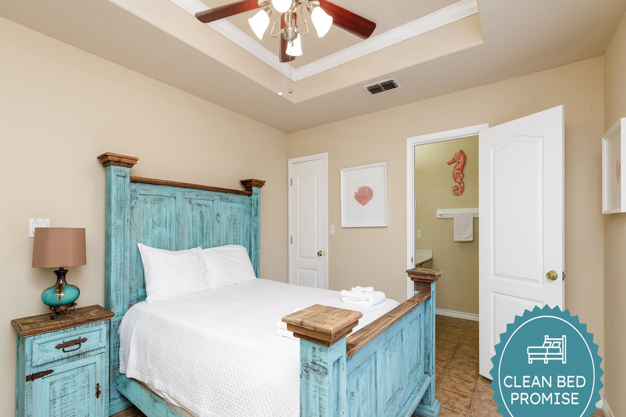 Sleep better at Padre Escapes with our exclusive Clean Bed Promise; providing fresh linens, comforters, and towels washed at high temperatures exceeding CDC recommendations, setting us apart for a truly restful vacation