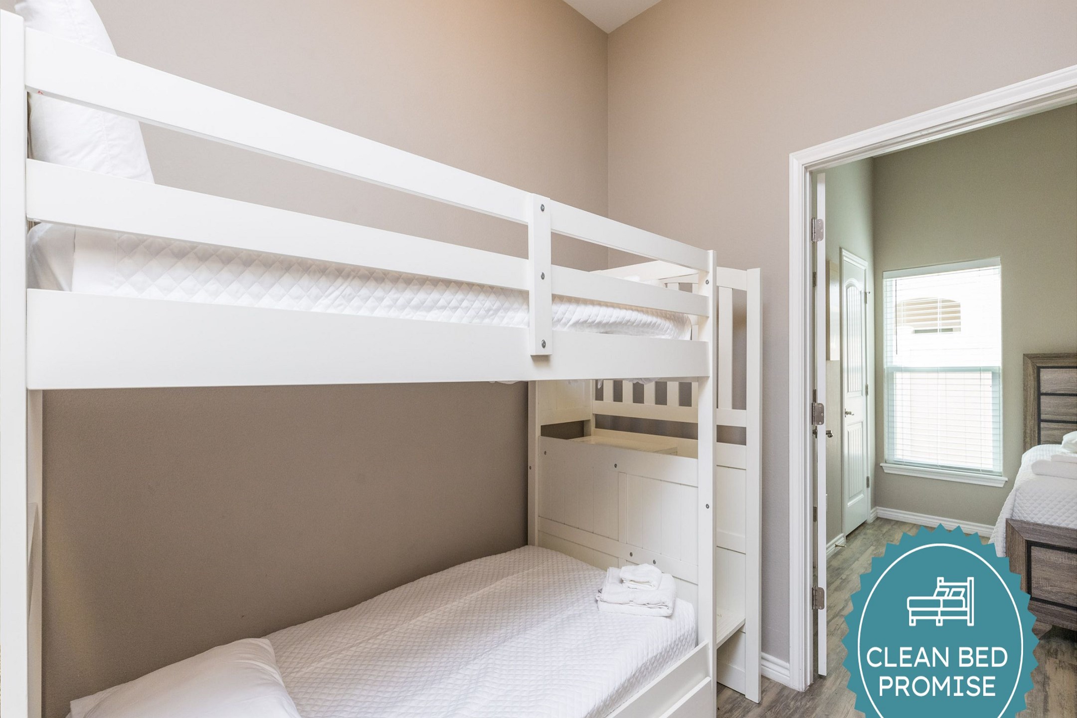 Sleep better at Padre Escapes with our exclusive Clean Bed Promise; providing fresh linens, comforters, and towels washed at high temperatures exceeding CDC recommendations, setting us apart for a truly restful vacation