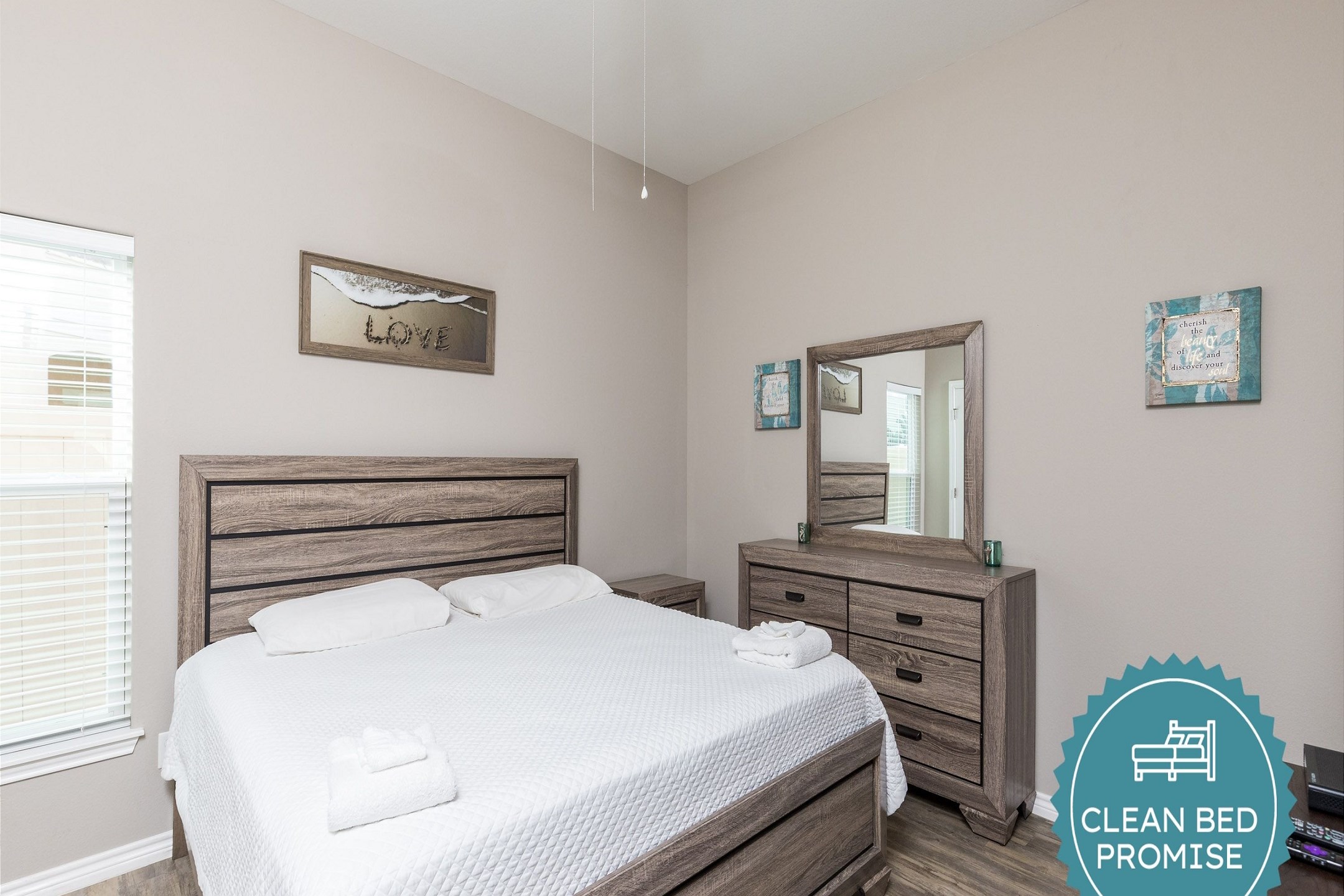 Sleep better at Padre Escapes with our exclusive Clean Bed Promise; providing fresh linens, comforters, and towels washed at high temperatures exceeding CDC recommendations, setting us apart for a truly restful vacation
