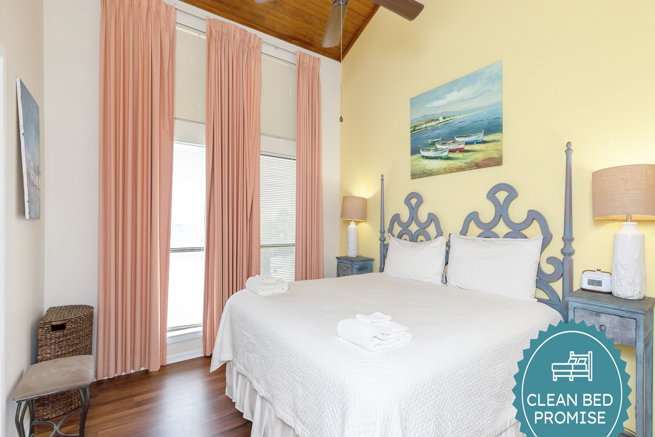 Sleep better at Padre Escapes with our exclusive Clean Bed Promise; providing fresh linens, comforters, and towels washed at high temperatures exceeding CDC recommendations, setting us apart for a truly restful vacation