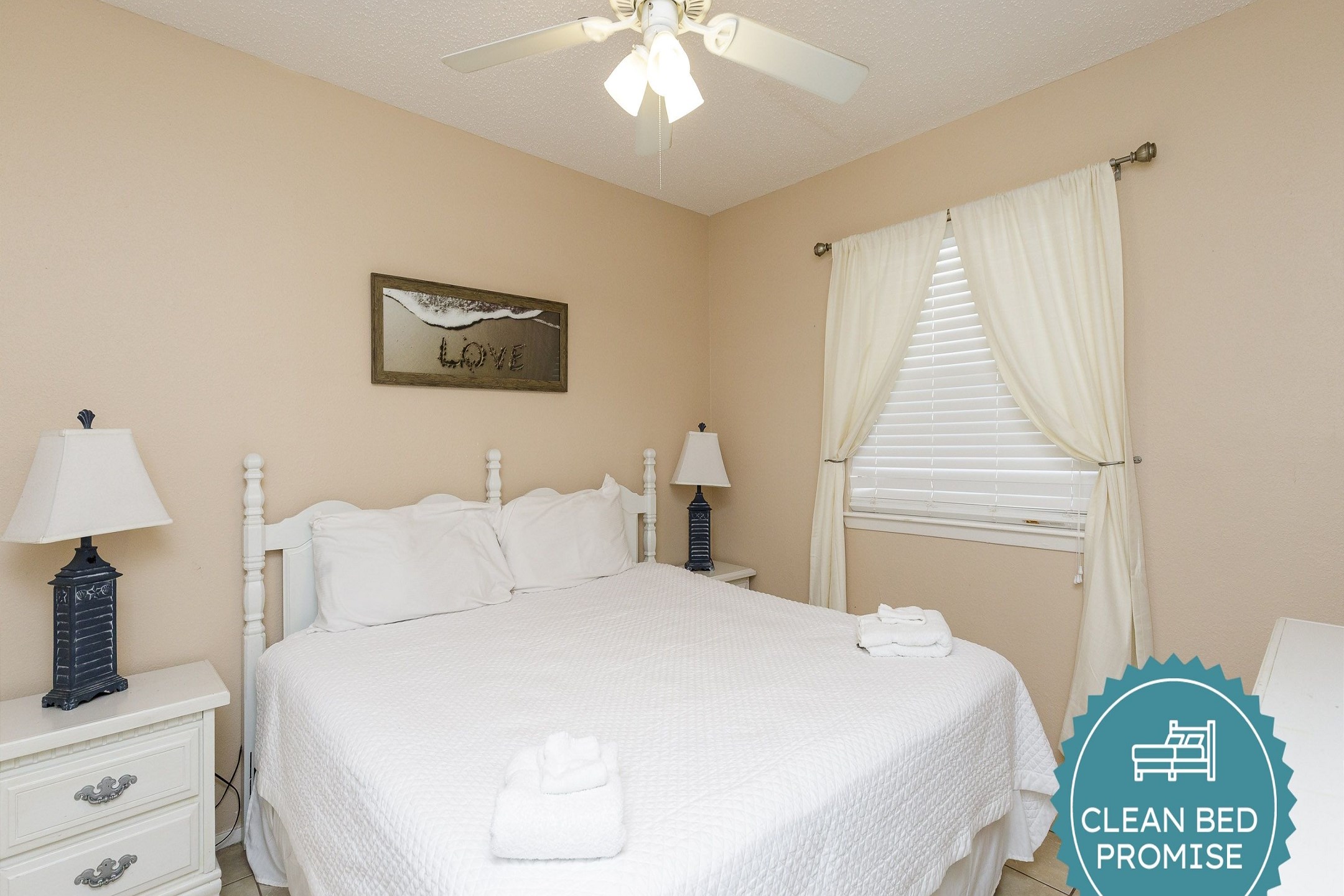 Sleep better at Padre Escapes with our exclusive Clean Bed Promise, providing fresh linens, comforters, and towels washed at high temperatures exceeding CDC recommendations, setting us apart for a truly restful vacation 