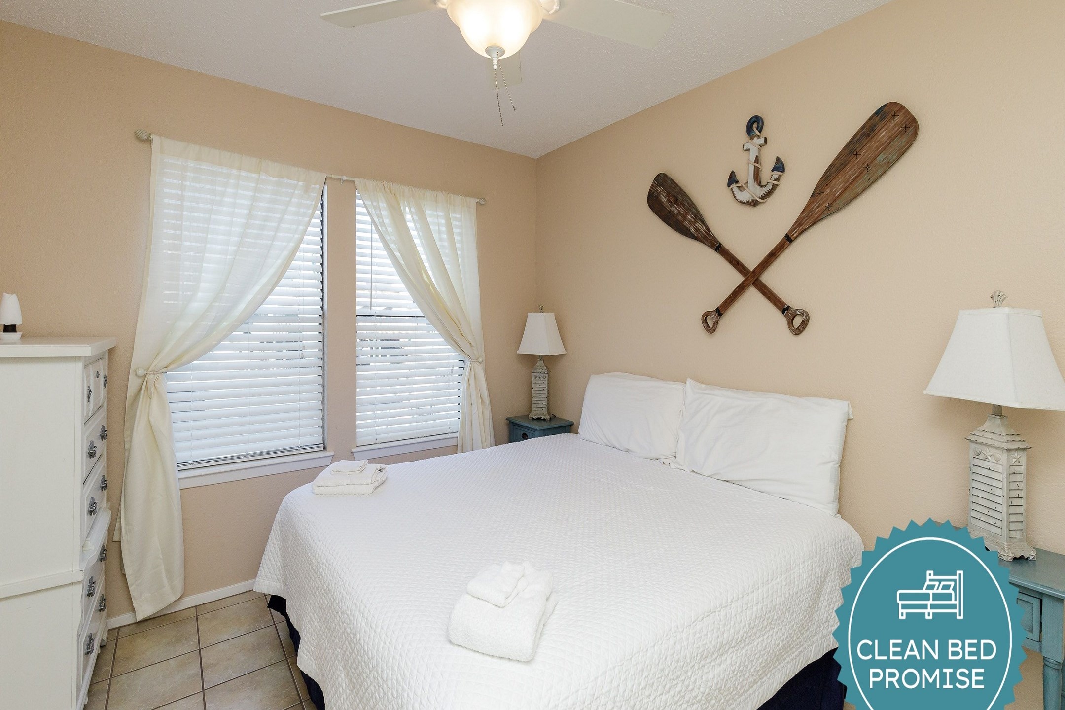 Sleep better at Padre Escapes with our exclusive Clean Bed Promise, providing fresh linens, comforters, and towels washed at high temperatures exceeding CDC recommendations, setting us apart for a truly restful vacation 