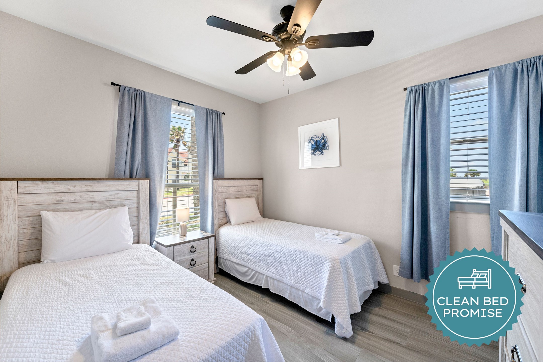 Sleep better at Padre Escapes with our exclusive Clean Bed Promise; providing fresh linens, comforters, and towels washed at high temperatures exceeding CDC recommendations, setting us apart for a truly restful vacation