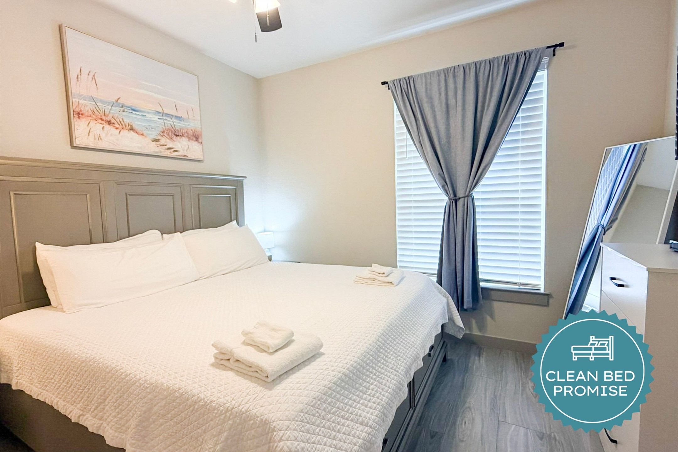 Sleep better at Padre Escapes with our exclusive Clean Bed Promise; providing fresh linens, comforters, and towels washed at high temperatures exceeding CDC recommendations, setting us apart for a truly restful vacation