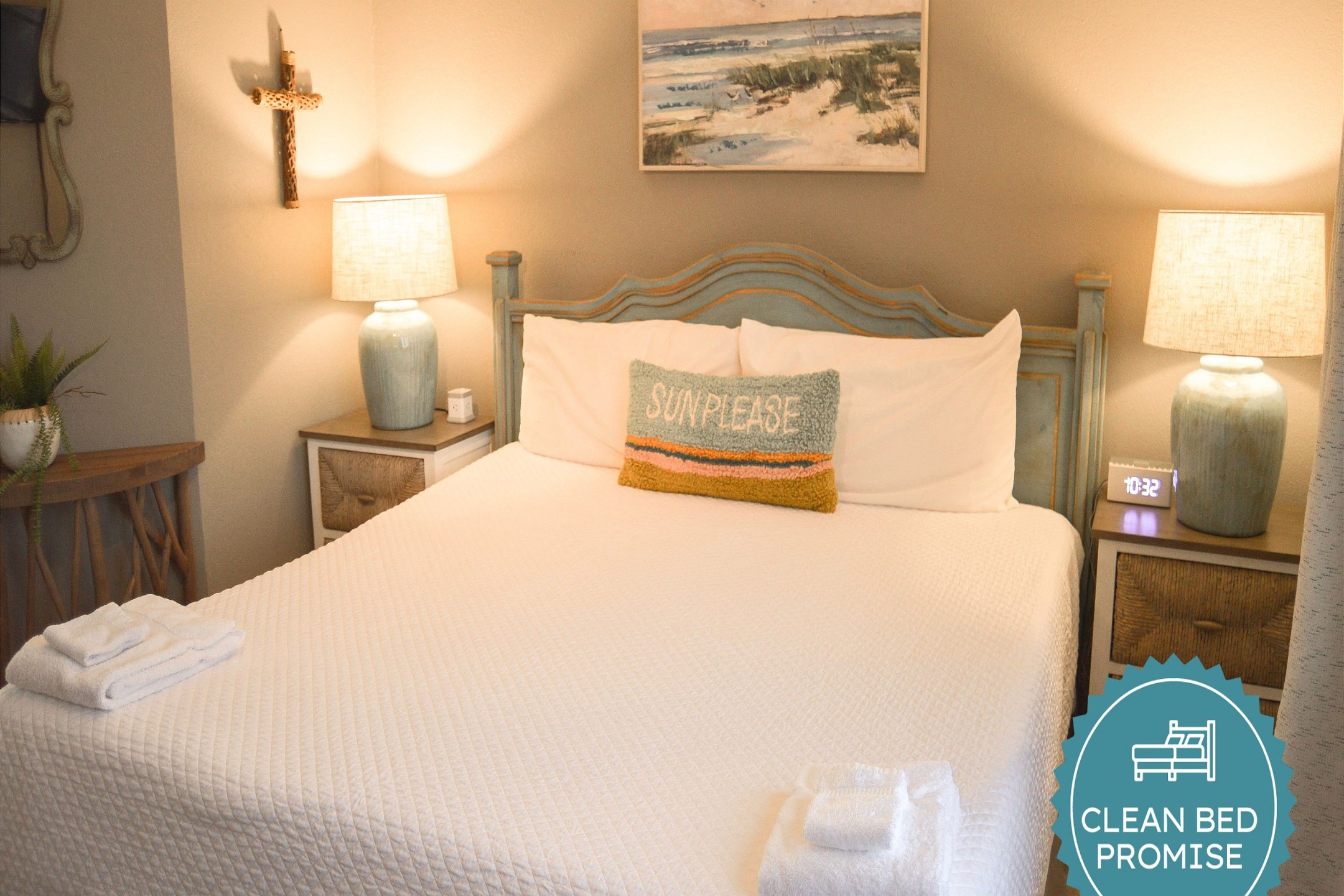 Sleep better at Padre Escapes with our exclusive Clean Bed Promise; providing fresh linens, comforters, and towels washed at high temperatures exceeding CDC recommendations, setting us apart for a truly restful vacation