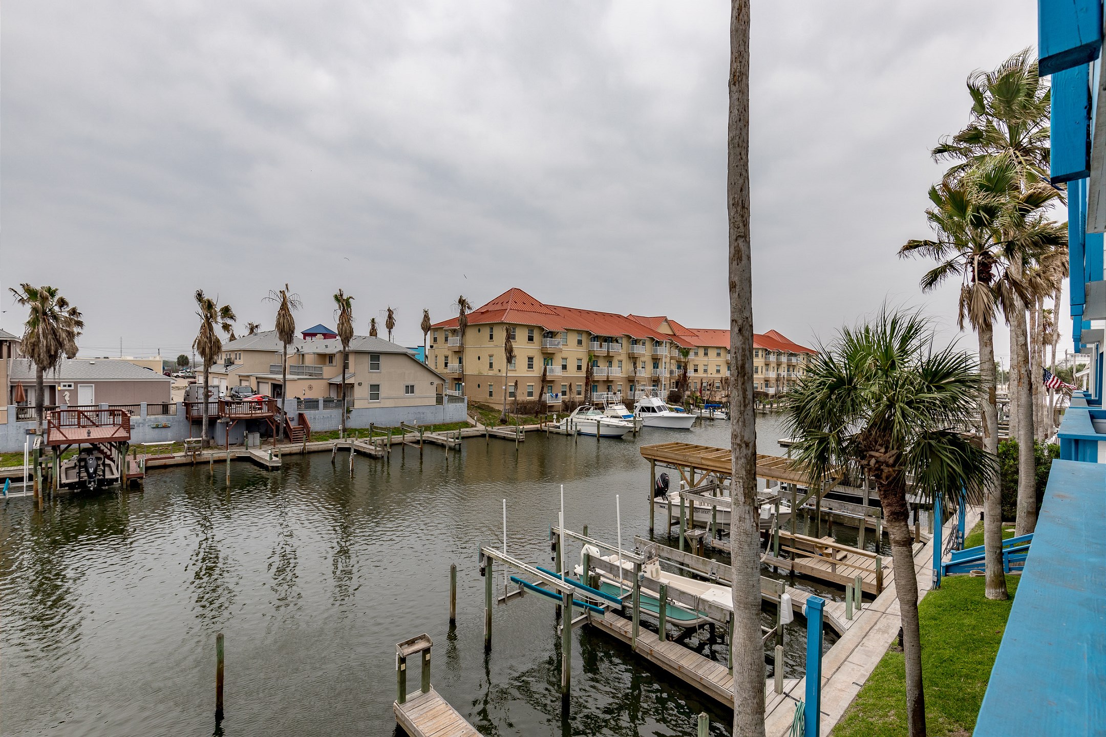 Balcony view of the canal with reserved boat slip