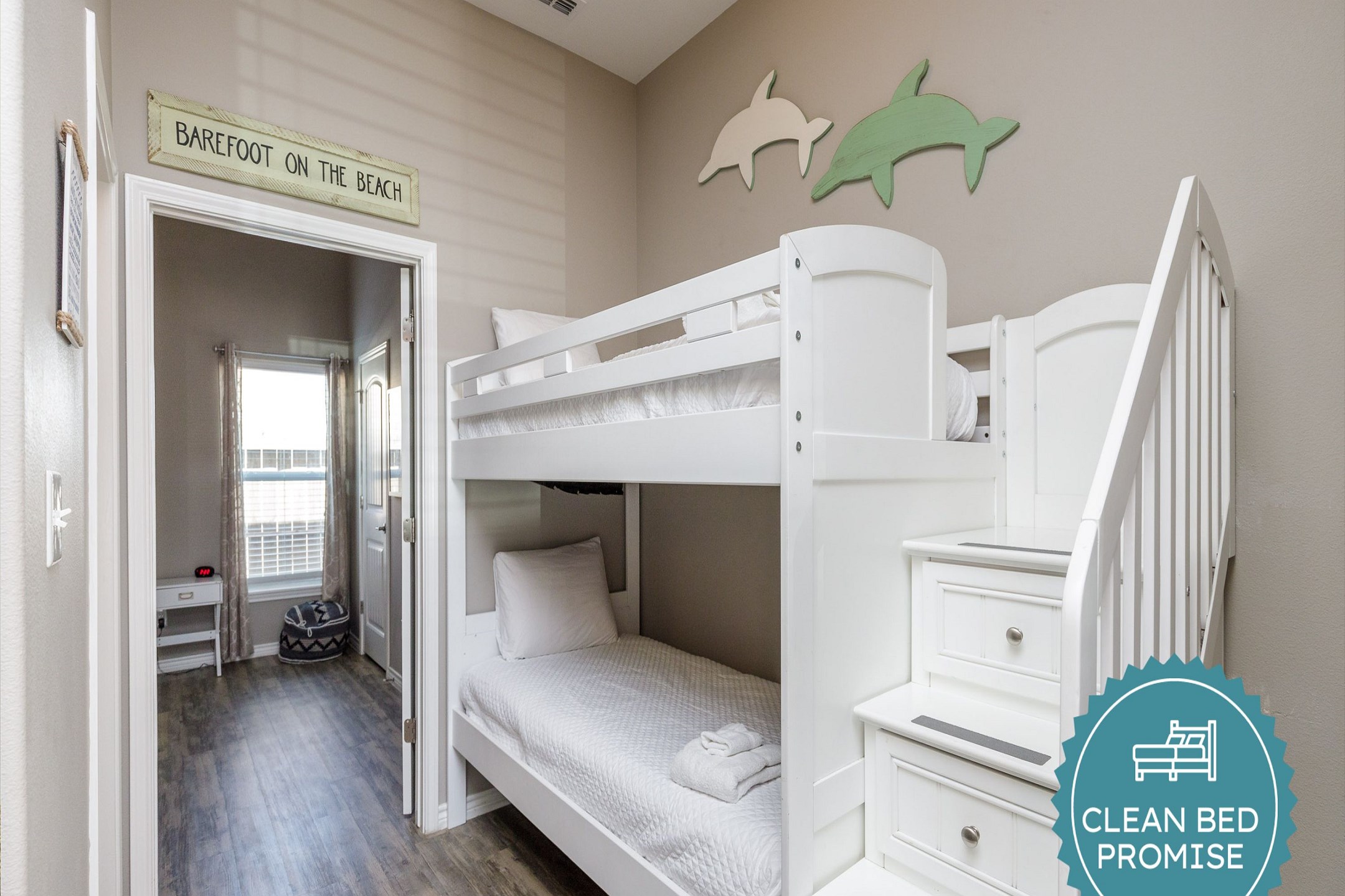 Sleep better at Padre Escapes with our exclusive Clean Bed Promise; providing fresh linens, comforters, and towels washed at high temperatures exceeding CDC recommendations, setting us apart for a truly restful vacation