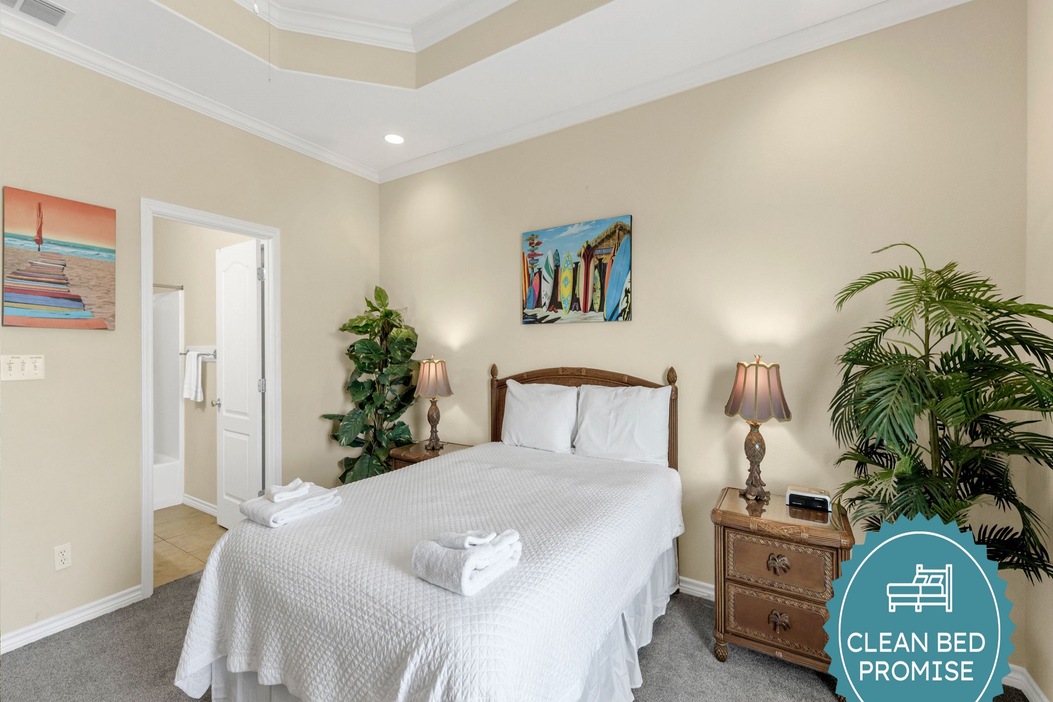 Sleep better at Padre Escapes with our exclusive Clean Bed Promise; providing fresh linens, comforters, and towels washed at high temperatures exceeding CDC recommendations, setting us apart for a truly restful vacation   