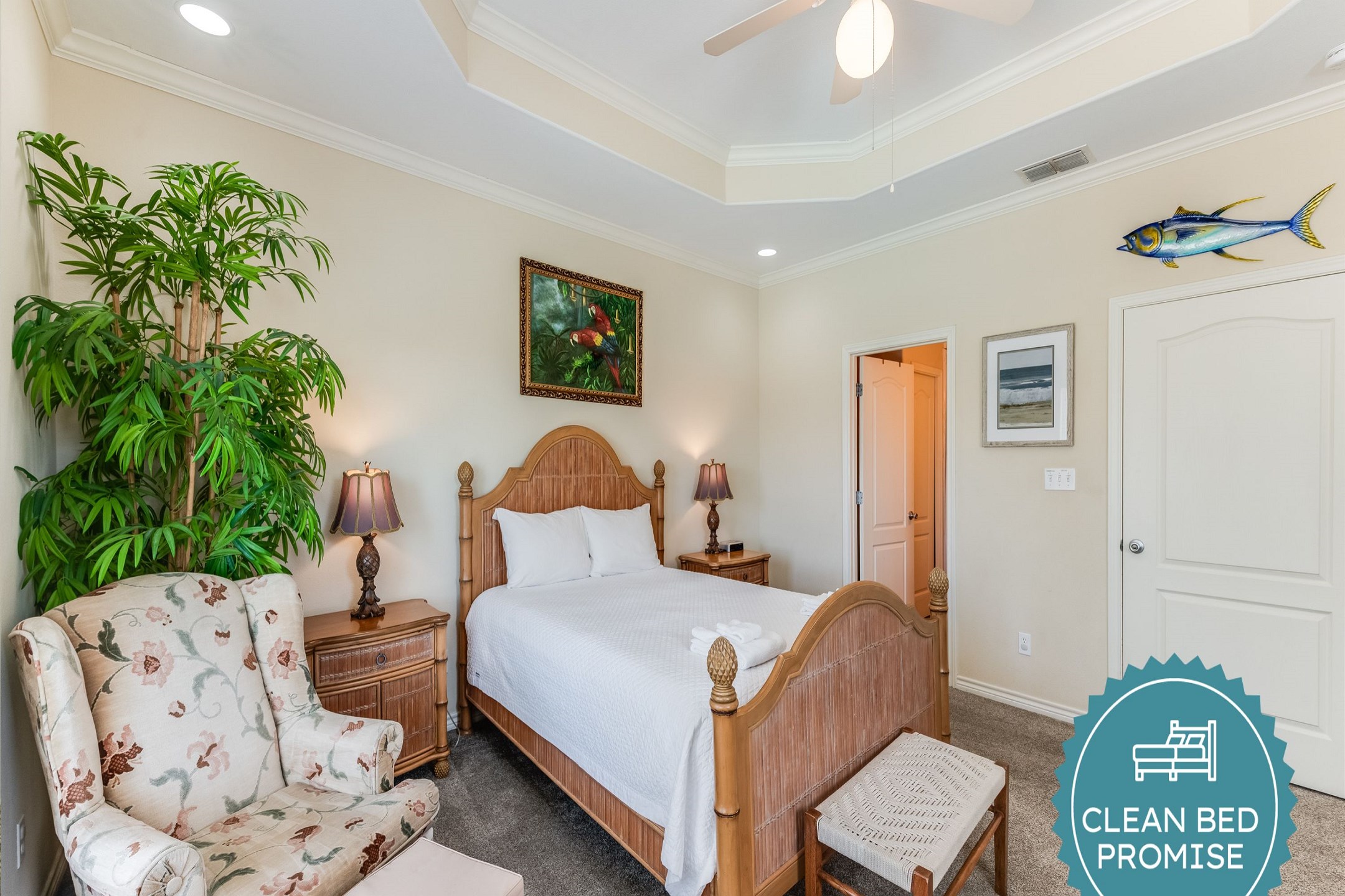 Sleep better at Padre Escapes with our exclusive Clean Bed Promise; providing fresh linens, comforters, and towels washed at high temperatures exceeding CDC recommendations, setting us apart for a truly restful vacation   