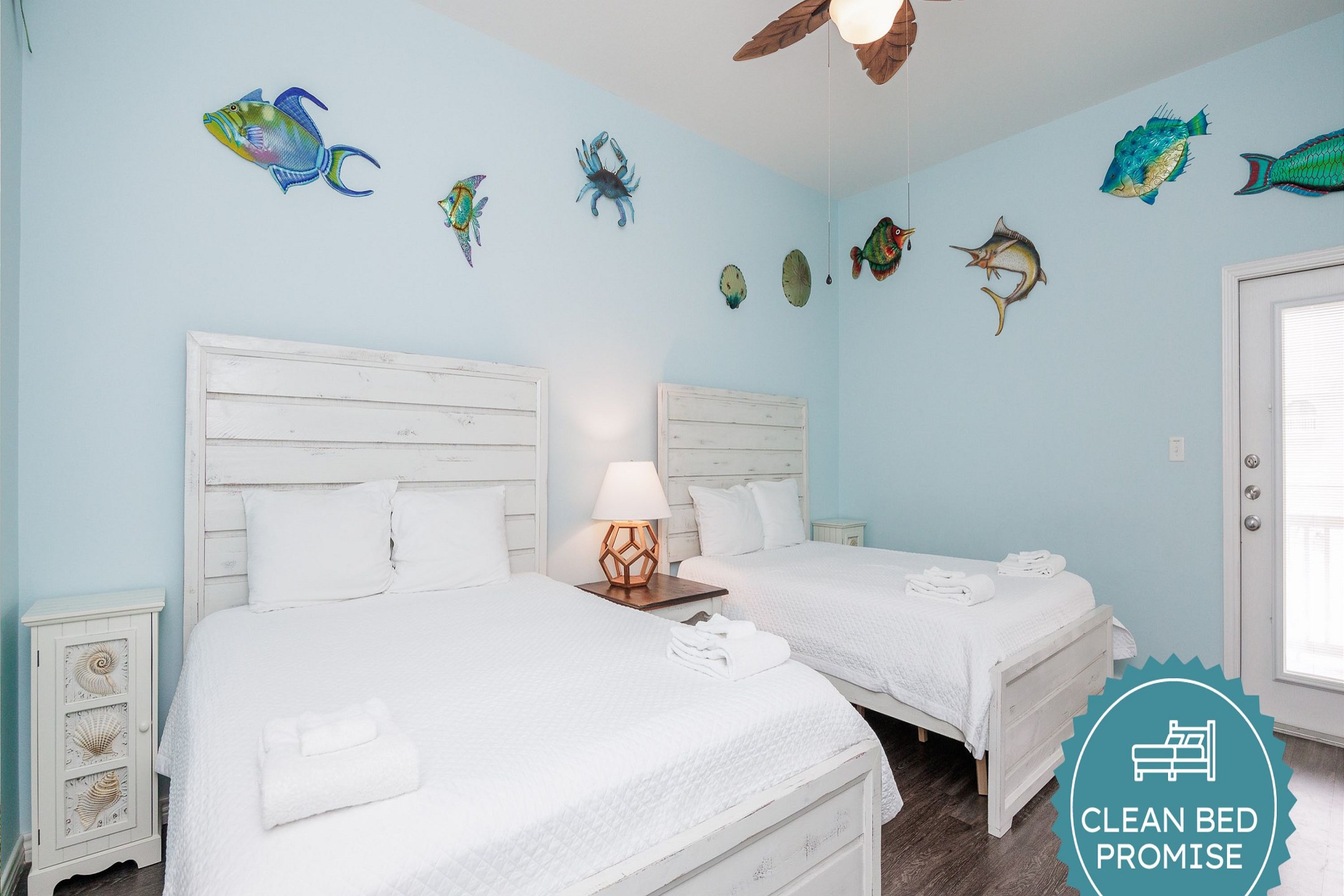 Sleep better at Padre Escapes with our exclusive Clean Bed Promise; providing fresh linens, comforters, and towels washed at high temperatures exceeding CDC recommendations, setting us apart for a truly restful vacation