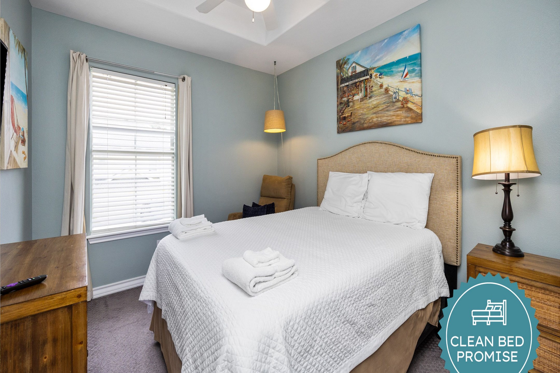 Sleep better at Padre Escapes with our exclusive Clean Bed Promise; providing fresh linens, comforters, and towels washed at high temperatures exceeding CDC recommendations, setting us apart for a truly restful vacation