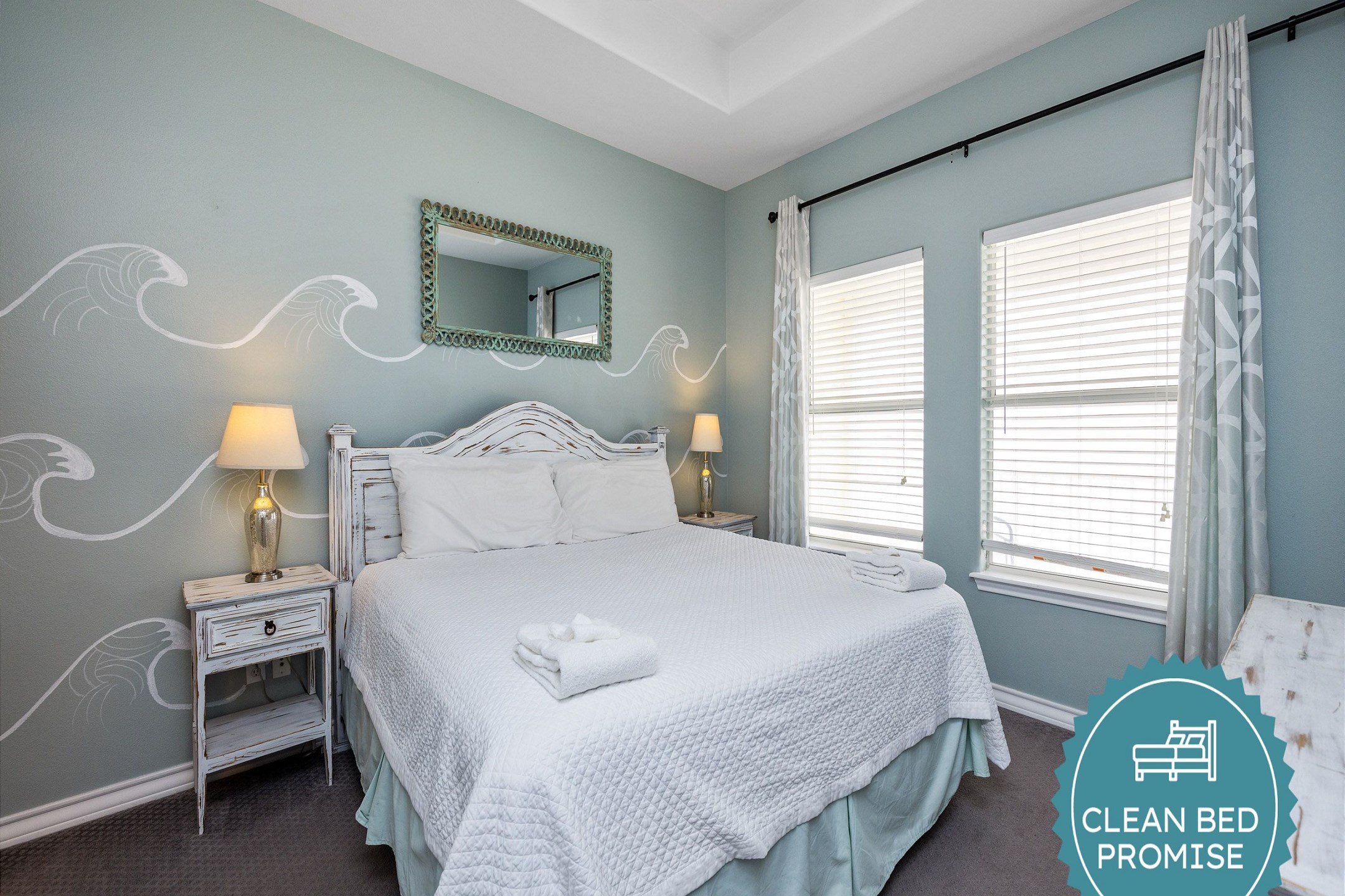 Sleep better at Padre Escapes with our exclusive Clean Bed Promise; providing fresh linens, comforters, and towels washed at high temperatures exceeding CDC recommendations, setting us apart for a truly restful vacation