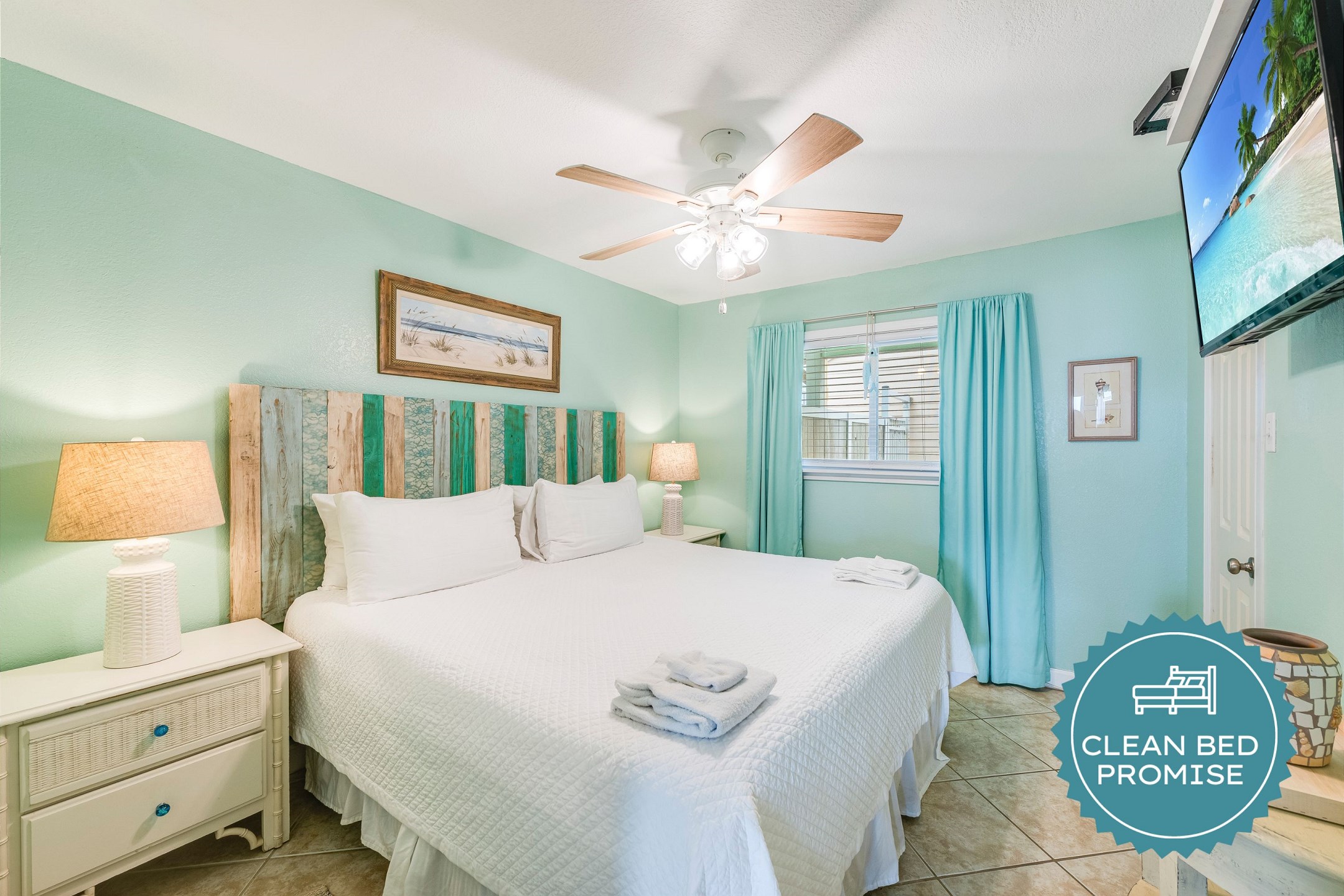 Sleep better at Padre Escapes with our exclusive Clean Bed Promise, providing fresh linens, comforters, and towels washed at high temperatures exceeding CDC recommendations, setting us apart for a truly restful vacation