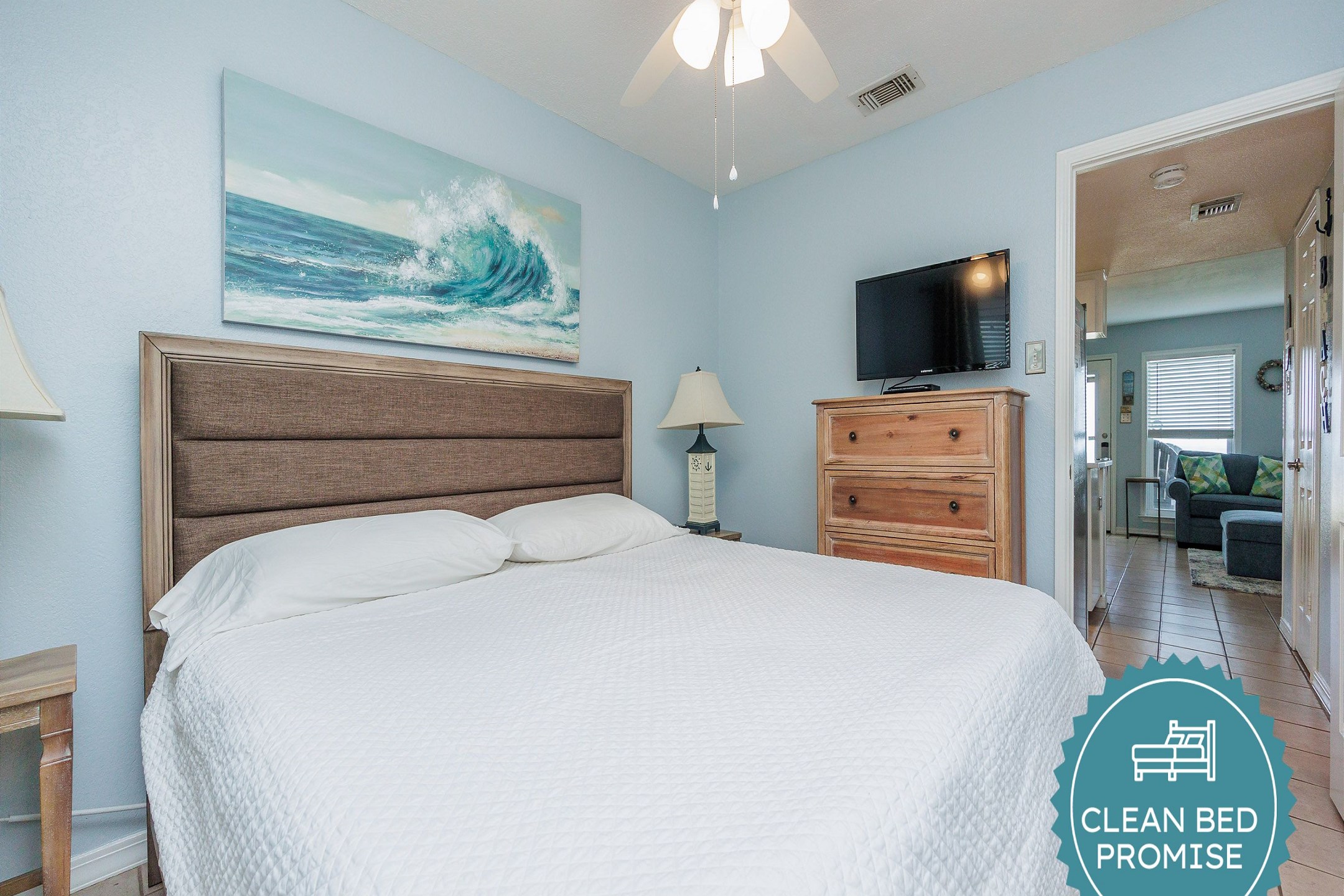 Sleep better at Padre Escapes with our exclusive Clean Bed Promise, providing fresh linens, comforters, and towels washed at high temperatures exceeding CDC recommendations, setting us apart for a truly restful vacation