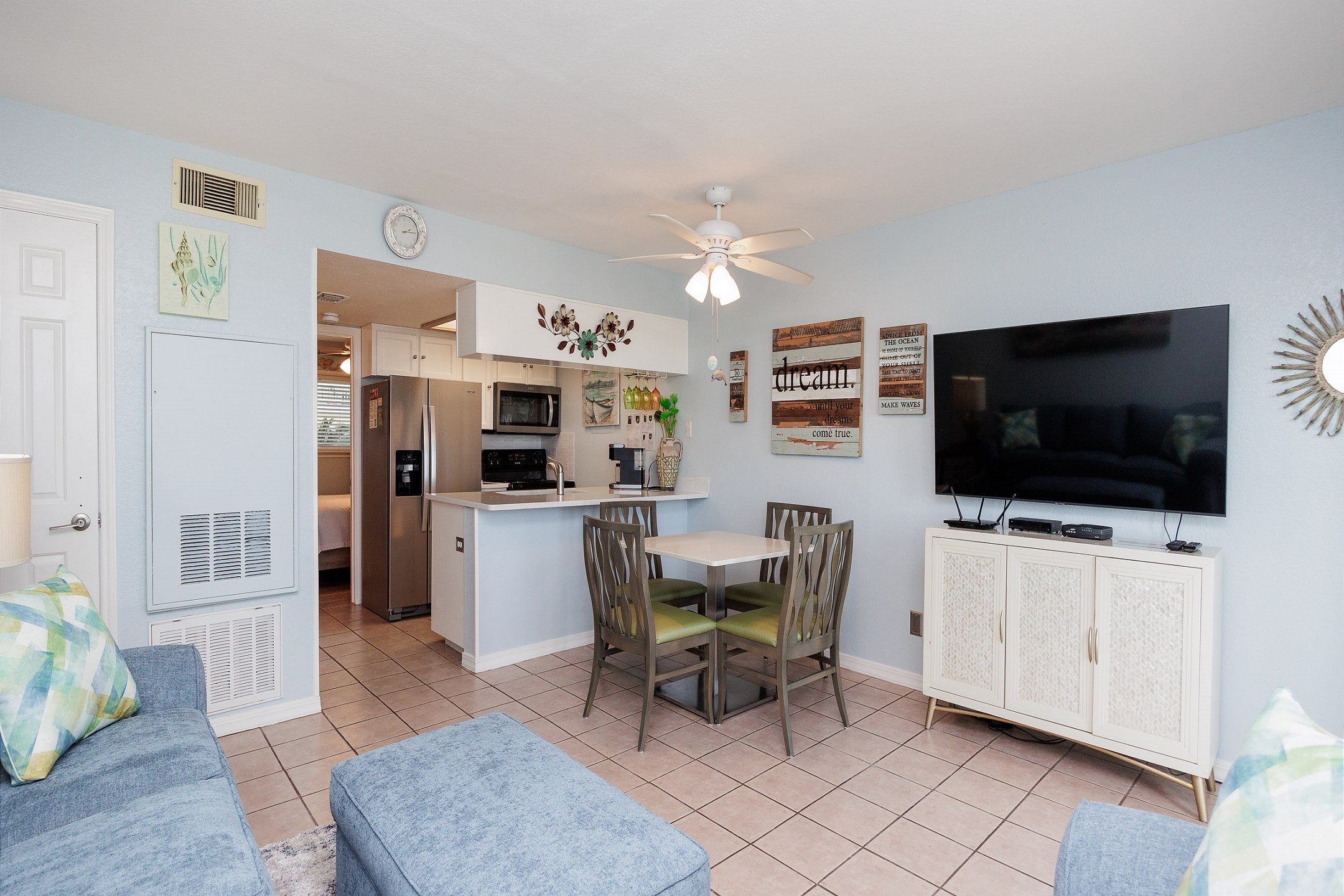 Flowing kitchen, dining, and living area