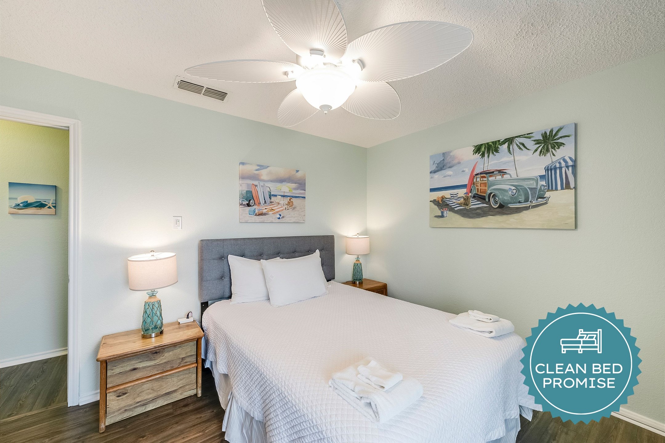 Sleep better at Padre Escapes with our exclusive Clean Bed Promise, providing fresh linens, comforters, and towels washed at high temperatures exceeding CDC recommendations, setting us apart for a truly restful vacation