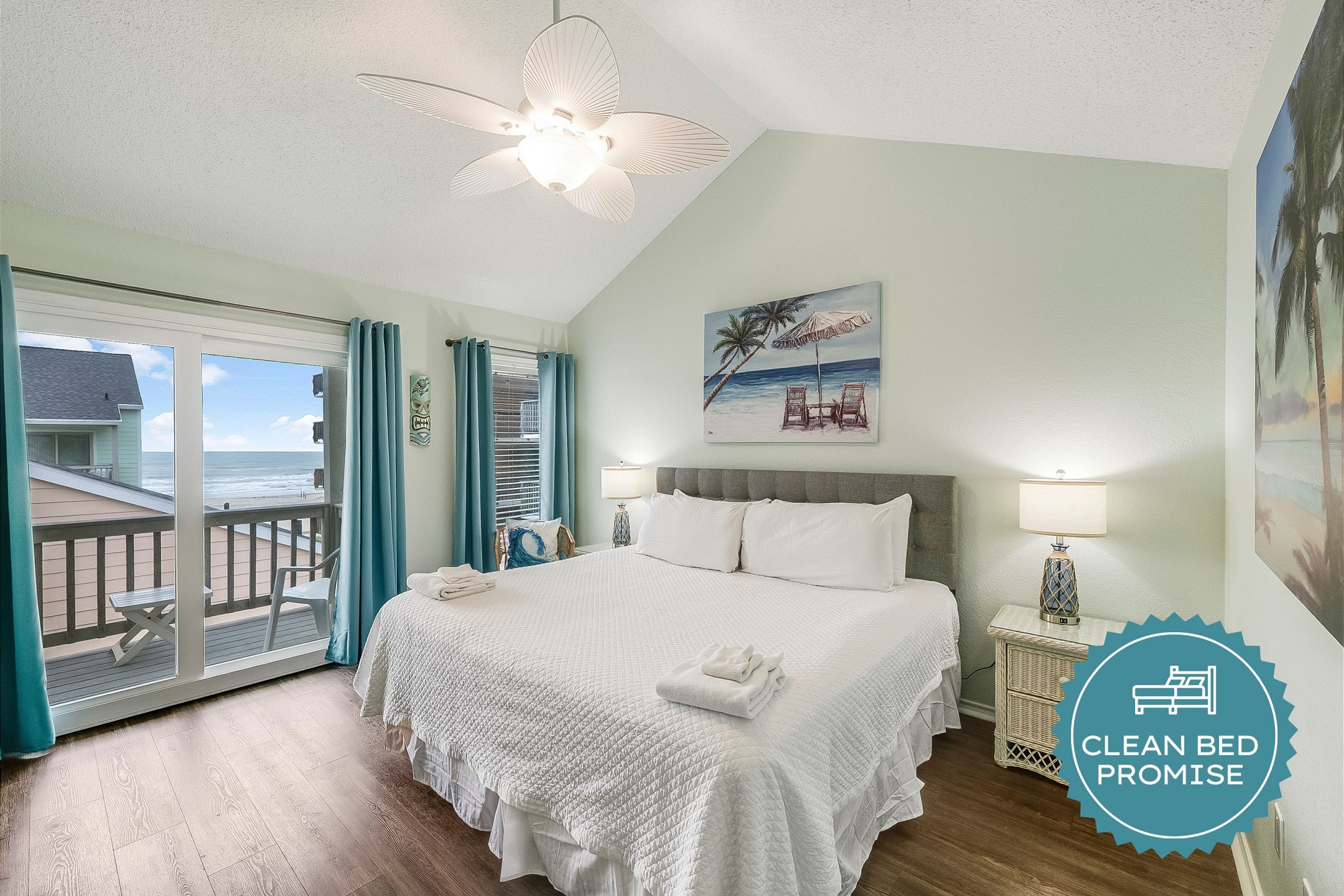 Sleep better at Padre Escapes with our exclusive Clean Bed Promise, providing fresh linens, comforters, and towels washed at high temperatures exceeding CDC recommendations, setting us apart for a truly restful vacation