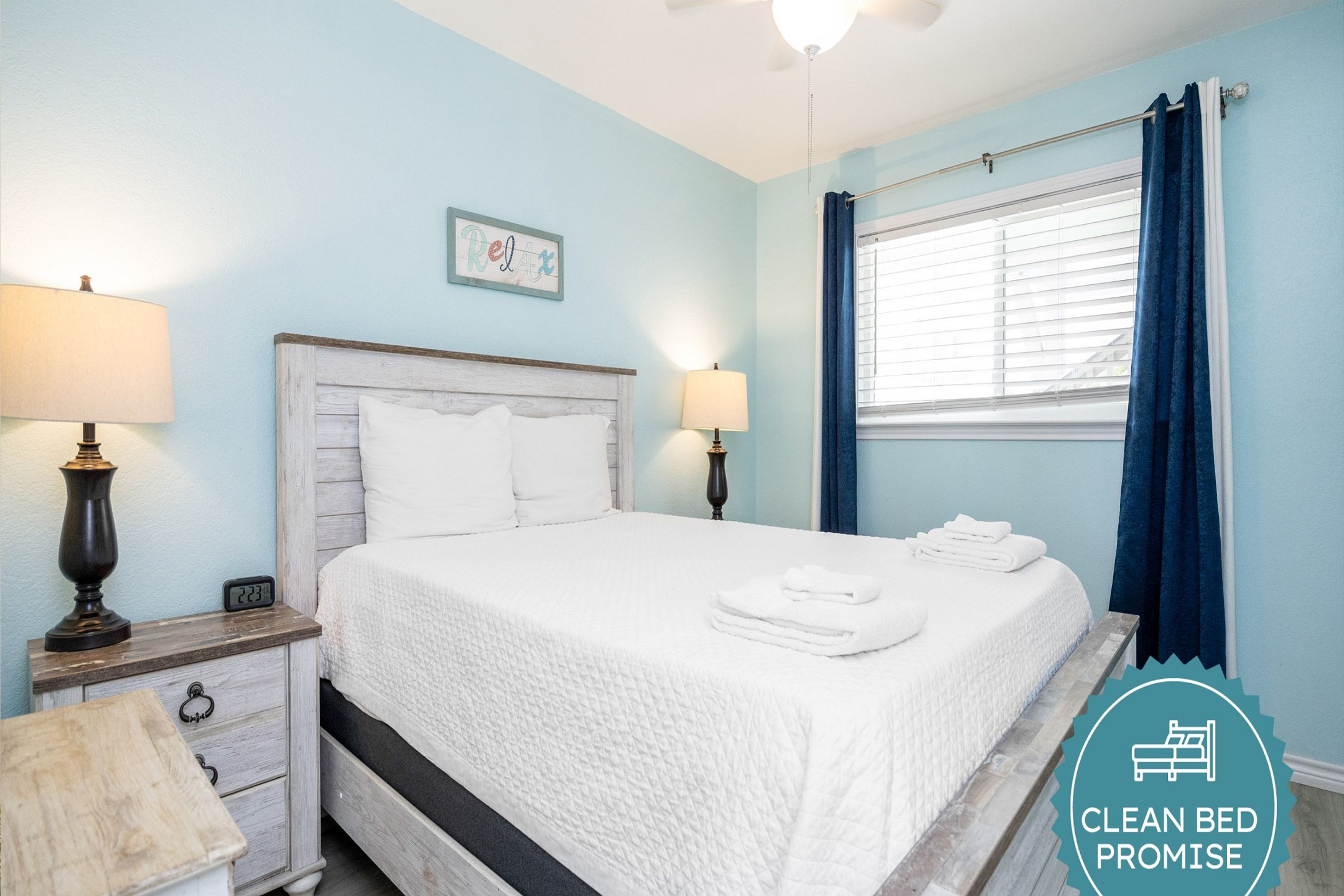 Sleep better at Padre Escapes with our exclusive Clean Bed Promise, providing fresh linens, comforters, and towels washed at high temperatures exceeding CDC recommendations, setting us apart for a truly restful vacation 
