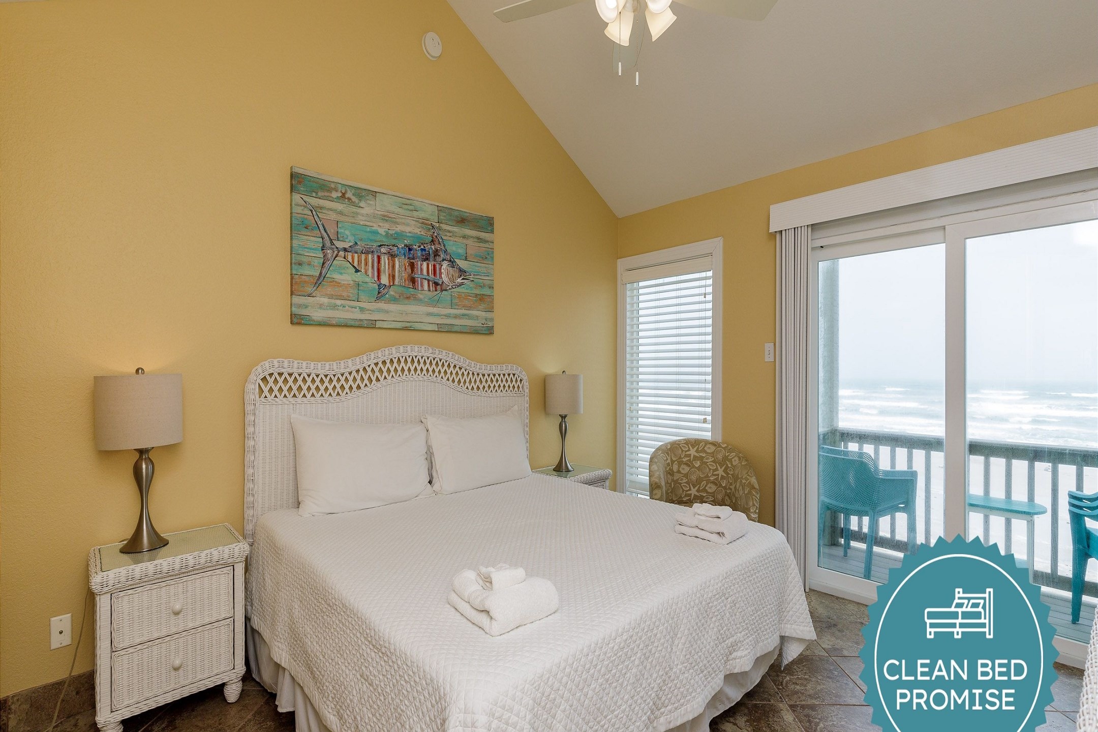 Sleep better at Padre Escapes with our exclusive Clean Bed Promise; providing fresh linens, comforters, and towels washed at high temperatures exceeding CDC recommendations, setting us apart for a truly restful vacation