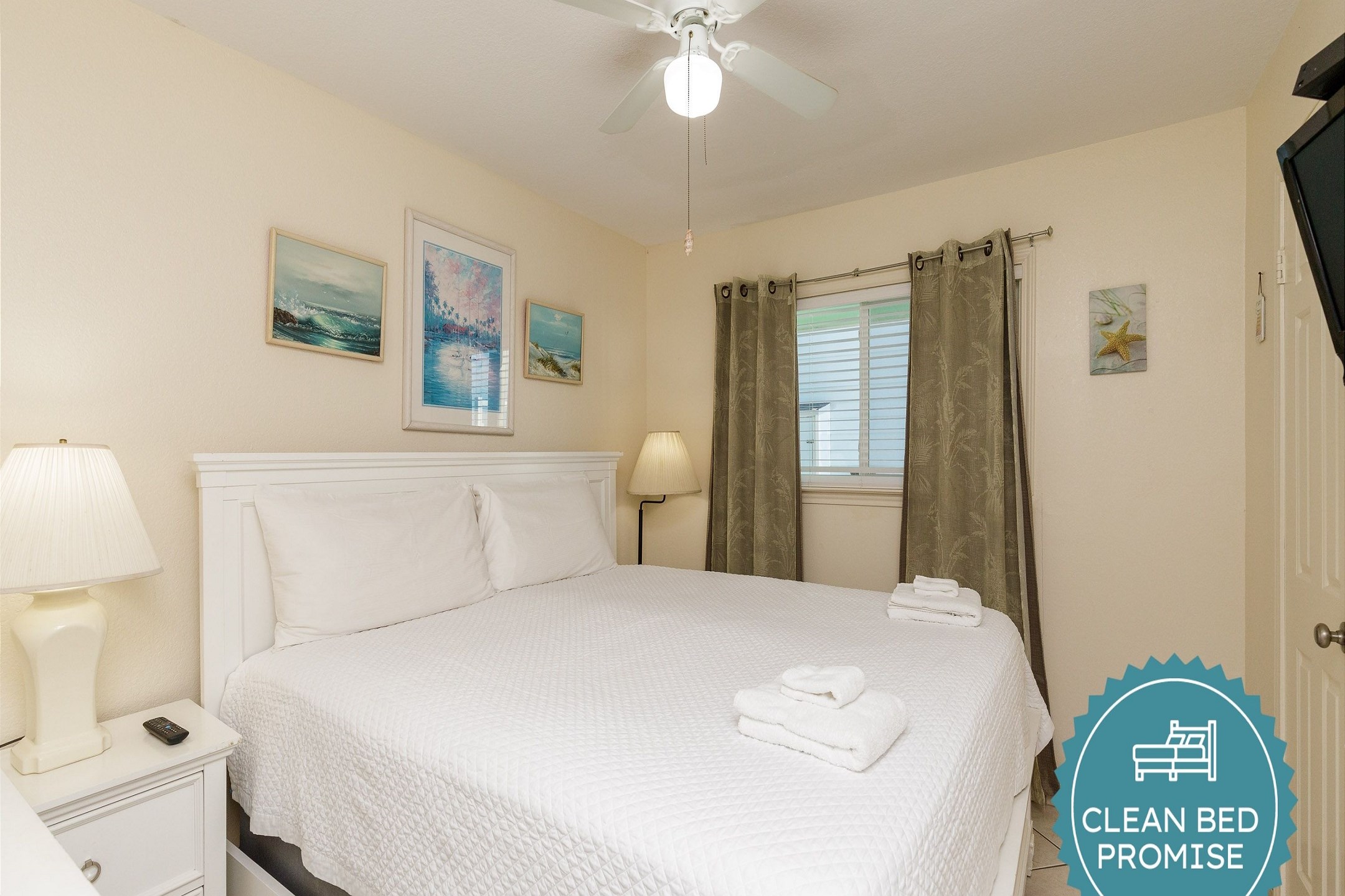Sleep better at Padre Escapes with our exclusive Clean Bed Promise; providing fresh linens, comforters, and towels washed at high temperatures exceeding CDC recommendations, setting us apart for a truly restful vacation