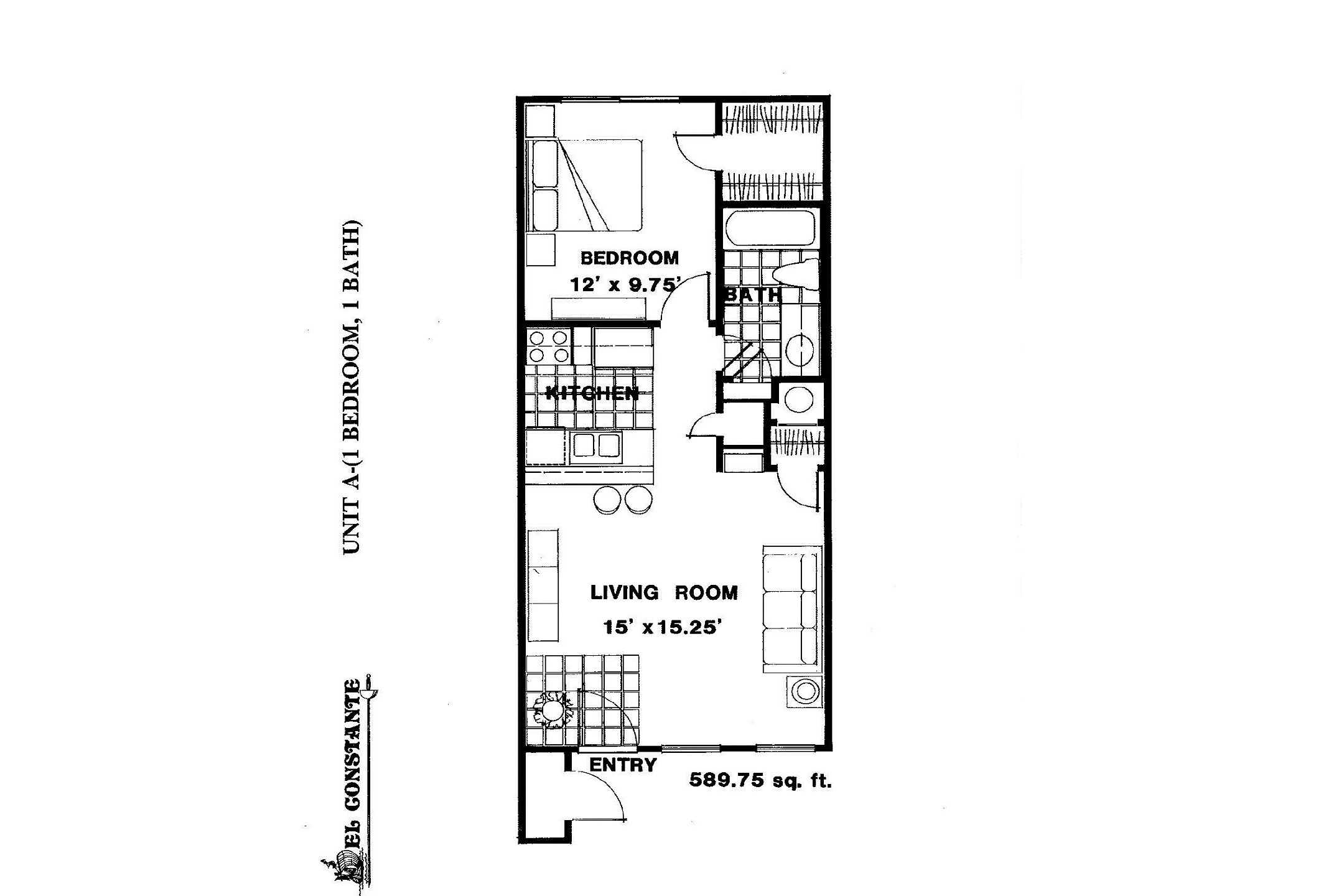 Some aspects of the layout may differ but this is the general floor plan of the one bedroom units at El Constante