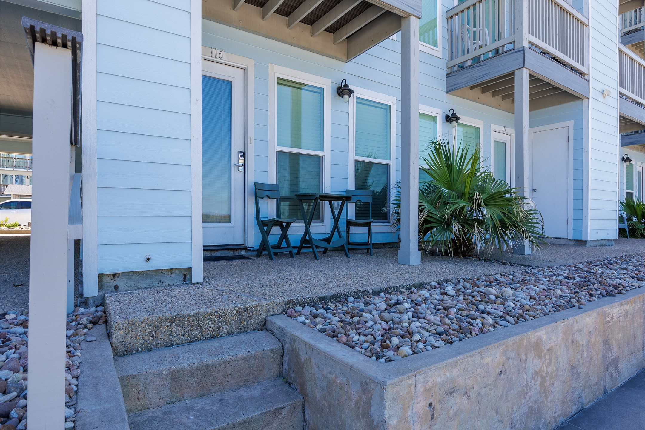 Front patio, exterior of property with coded lock for extra security 