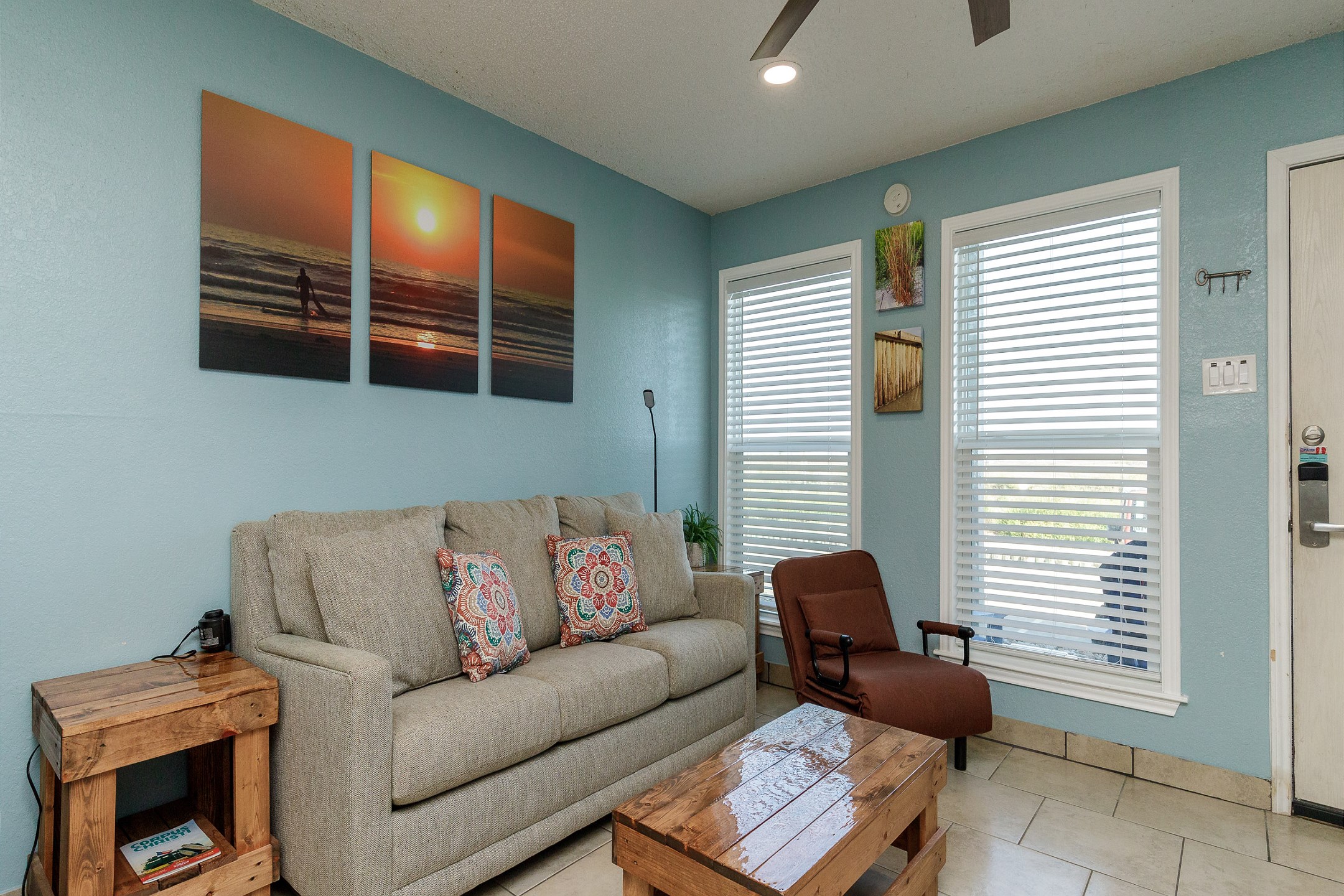 Living area featuring a comfortable inflatable queen-size sleeper sofa