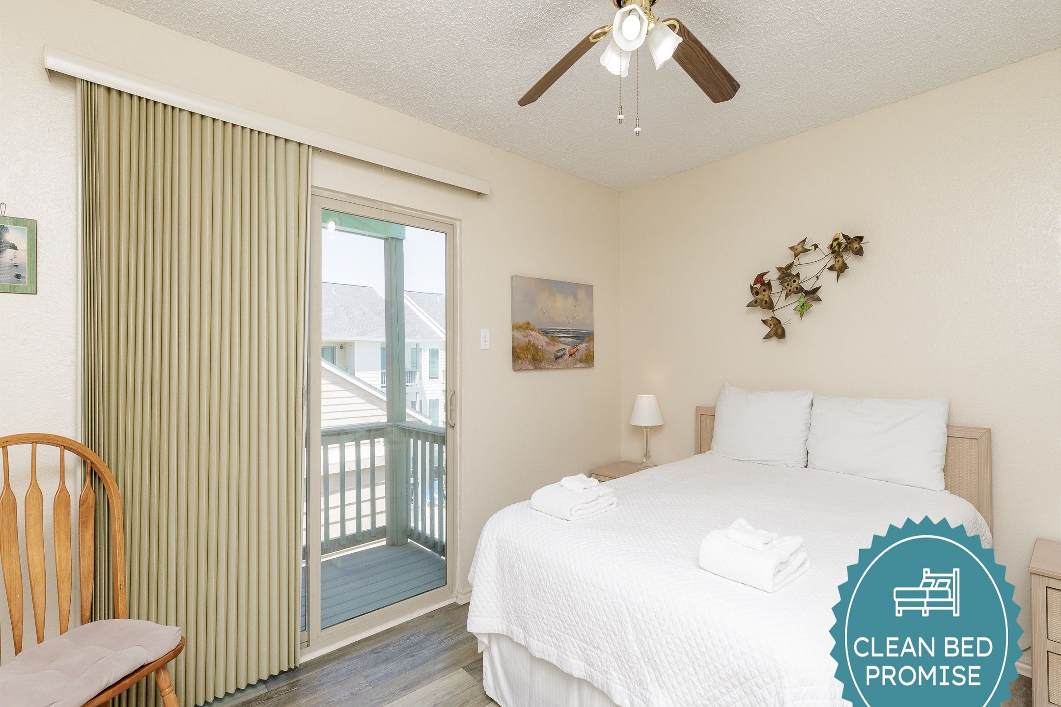 Sleep better at Padre Escapes with our exclusive Clean Bed Promise; providing fresh linens, comforters, and towels washed at high temperatures exceeding CDC recommendations, setting us apart for a truly restful vacation