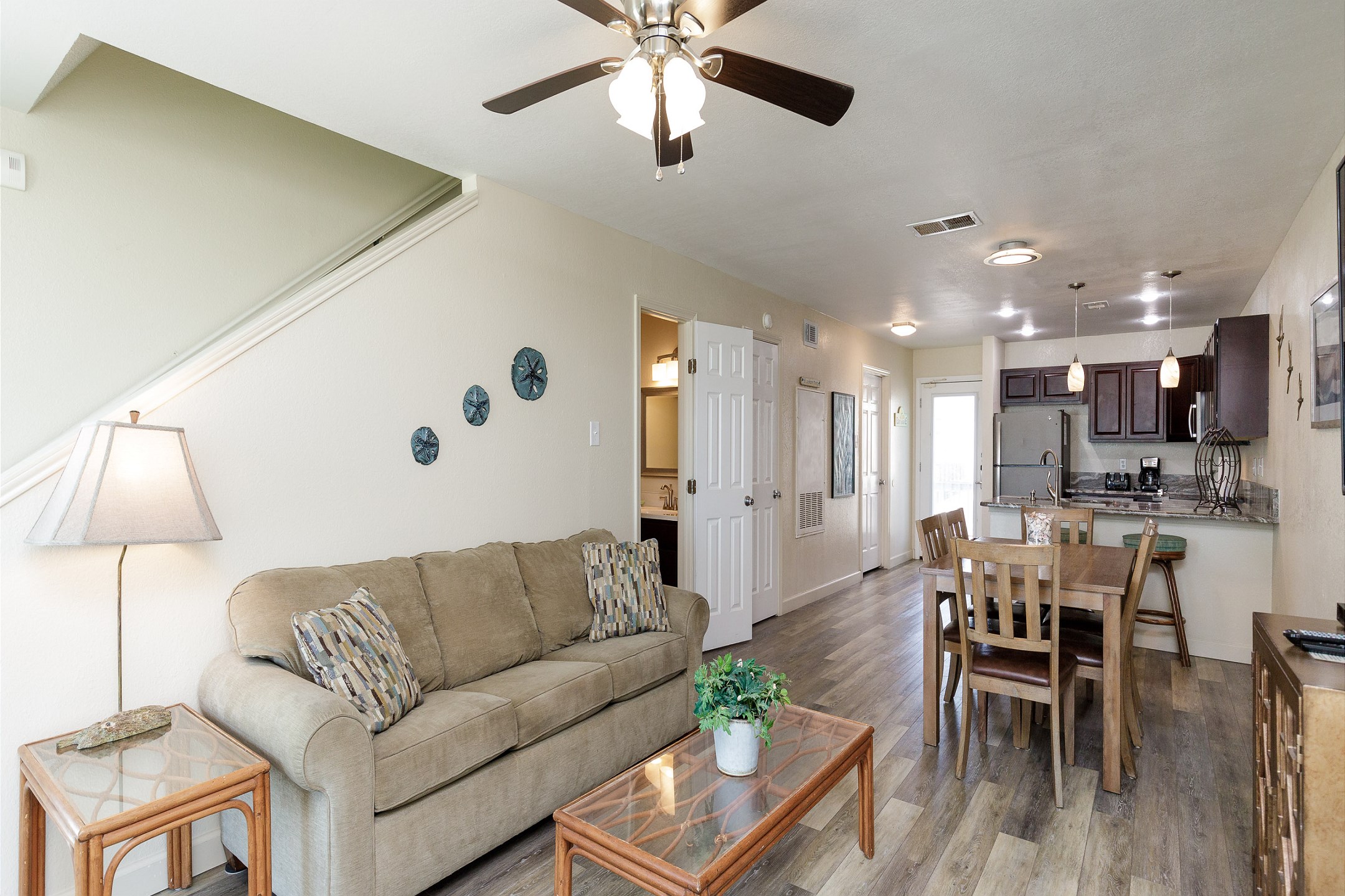 Open and spacious kitchen, dining, and living area