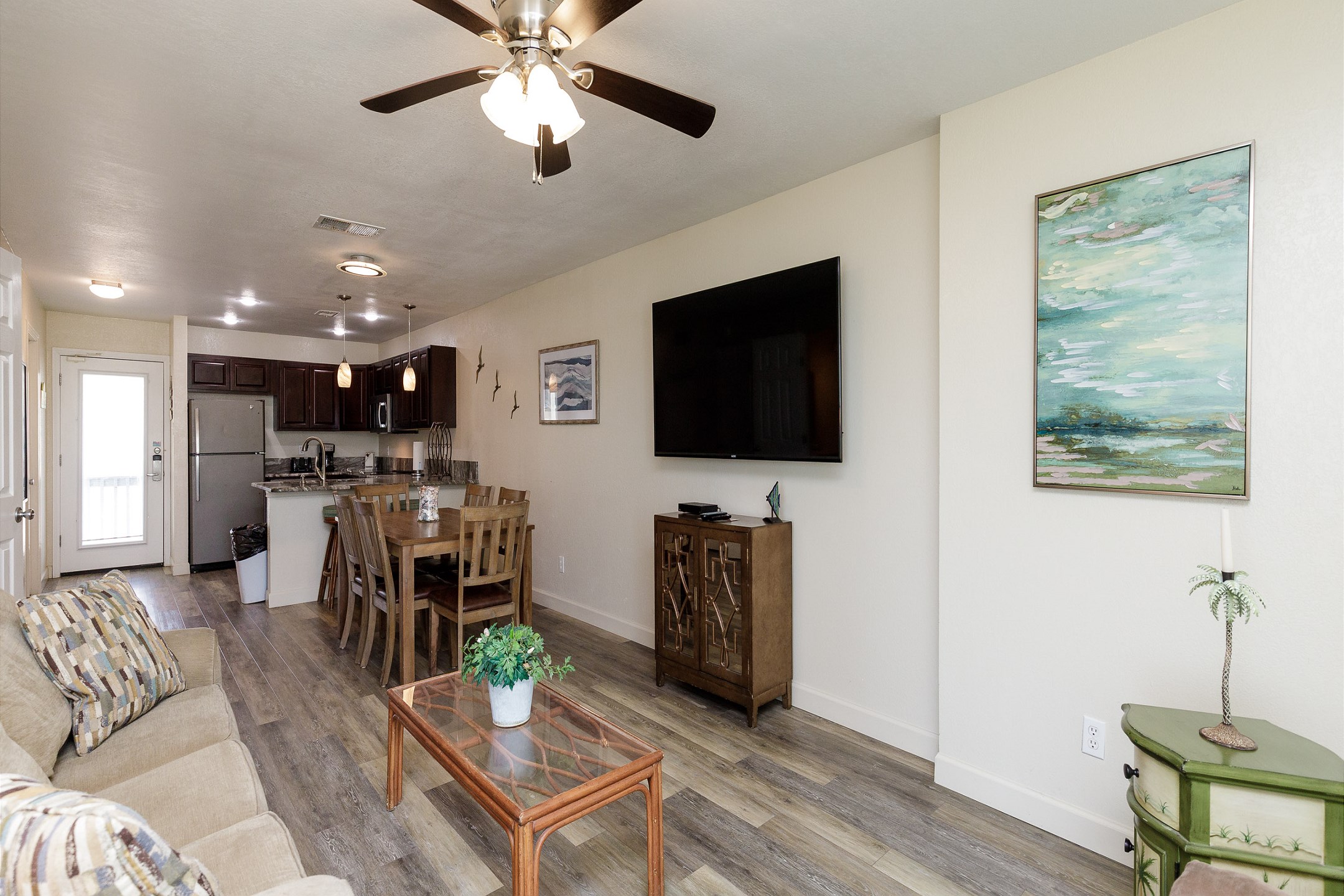 Flowing kitchen, dining, and living area