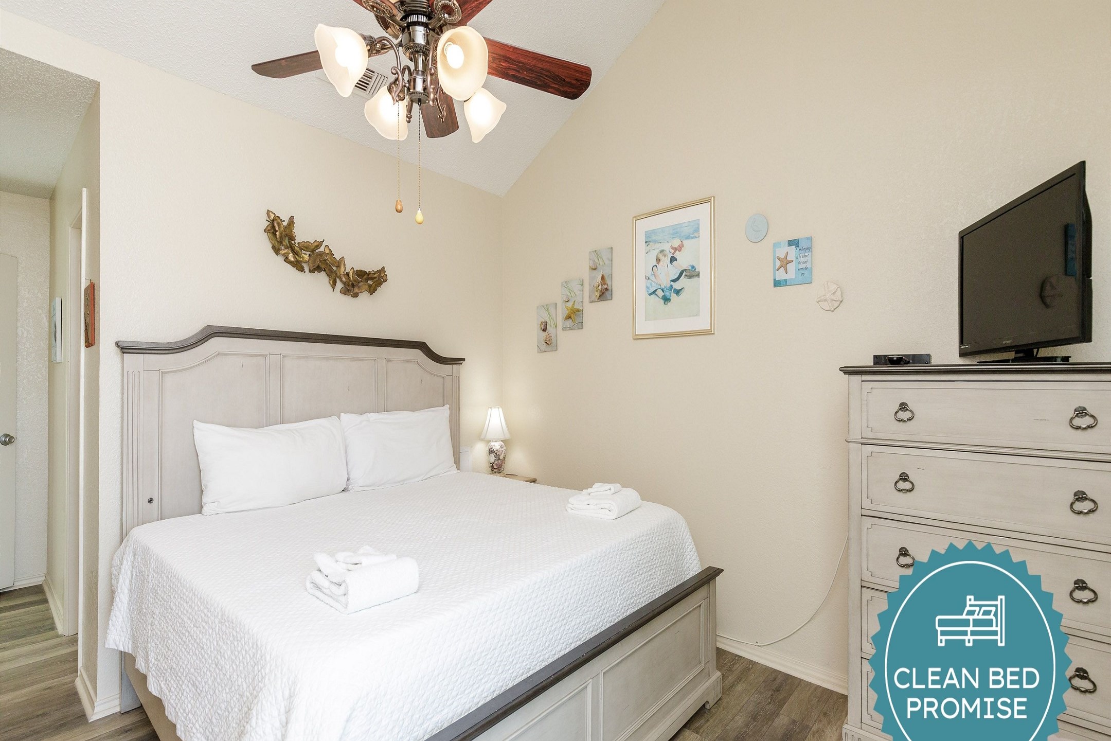 Sleep better at Padre Escapes with our exclusive Clean Bed Promise; providing fresh linens, comforters, and towels washed at high temperatures exceeding CDC recommendations, setting us apart for a truly restful vacation