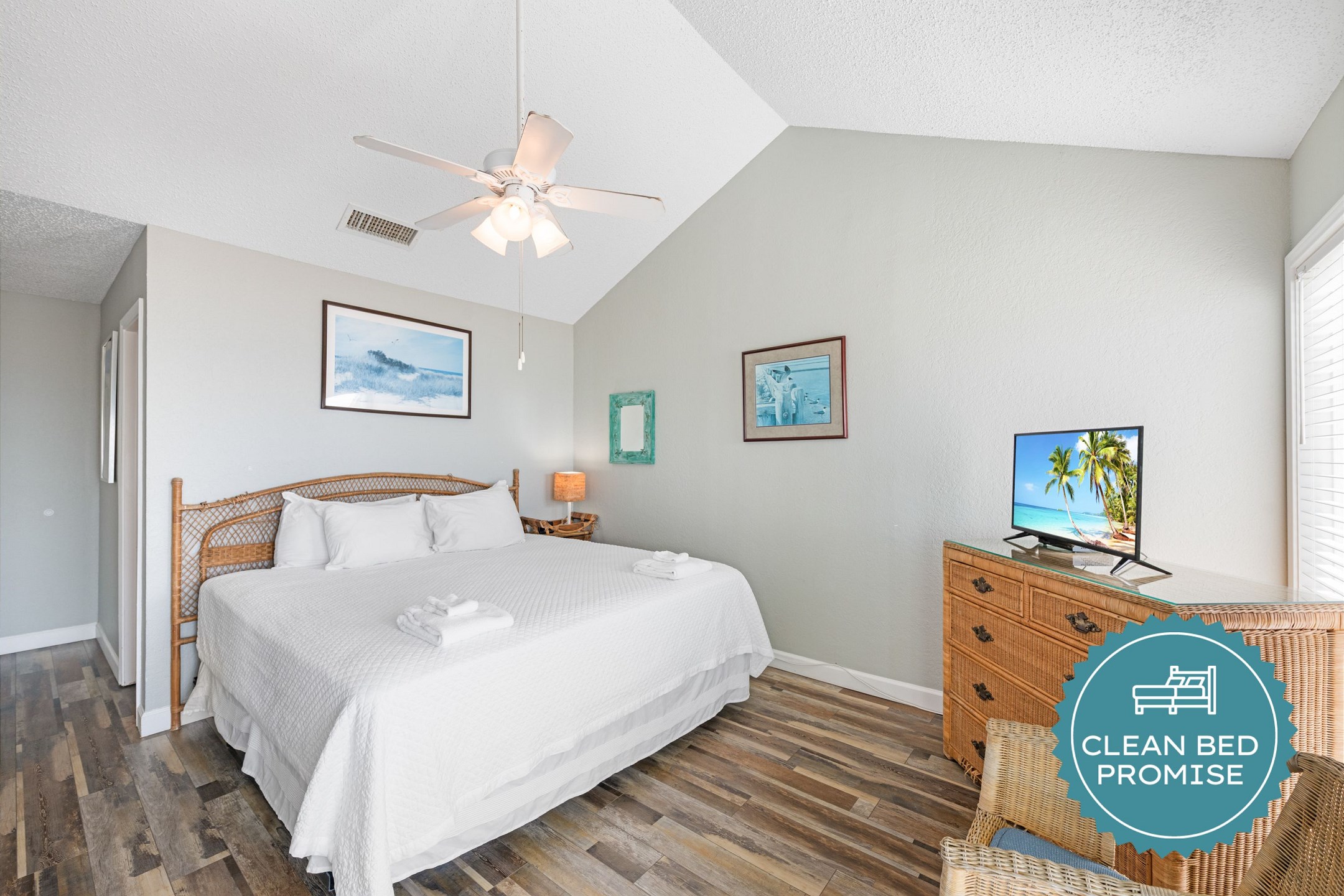 Sleep better at Padre Escapes with our exclusive Clean Bed Promise; providing fresh linens, comforters, and towels washed at high temperatures exceeding CDC recommendations, setting us apart for a truly restful vacation