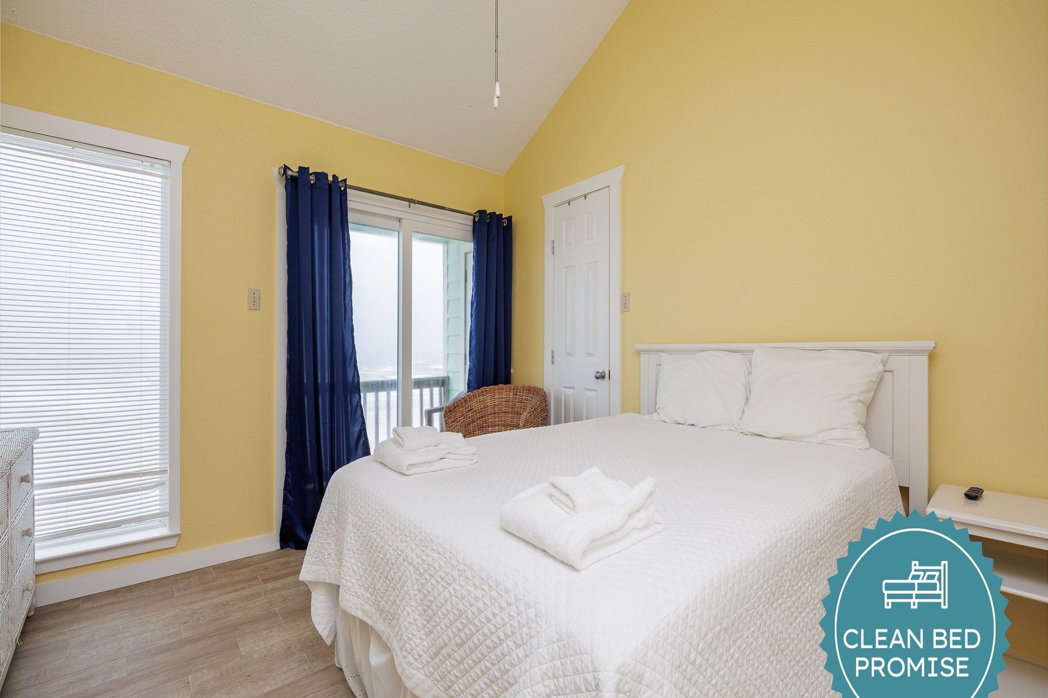 Sleep better at Padre Escapes with our exclusive Clean Bed Promise, providing fresh linens, comforters, and towels washed at high temperatures exceeding CDC recommendations, setting us apart for a truly restful vacation 
