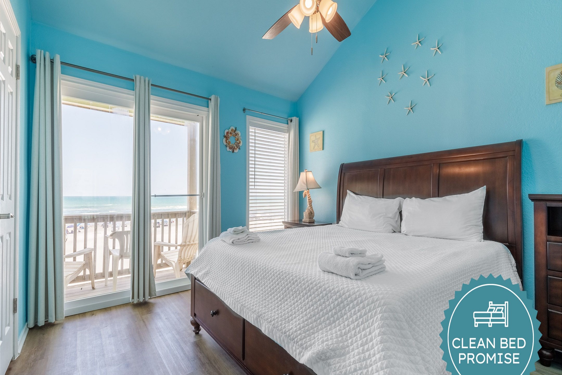 Sleep better at Padre Escapes with our exclusive Clean Bed Promise, providing fresh linens, comforters, and towels washed at high temperatures exceeding CDC recommendations, setting us apart for a truly restful vacation 
