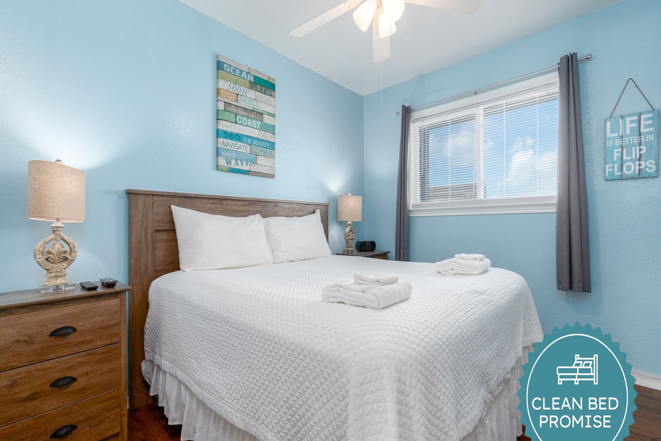 Sleep better at Padre Escapes with our exclusive Clean Bed Promise; providing fresh linens, comforters, and towels washed at high temperatures exceeding CDC recommendations, setting us apart for a truly restful vacation
