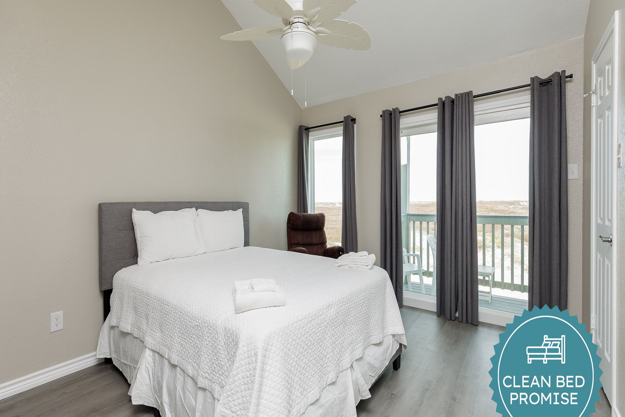 Sleep better at Padre Escapes with our exclusive Clean Bed Promise; providing fresh linens, comforters, and towels washed at high temperatures exceeding CDC recommendations, setting us apart for a truly restful vacation