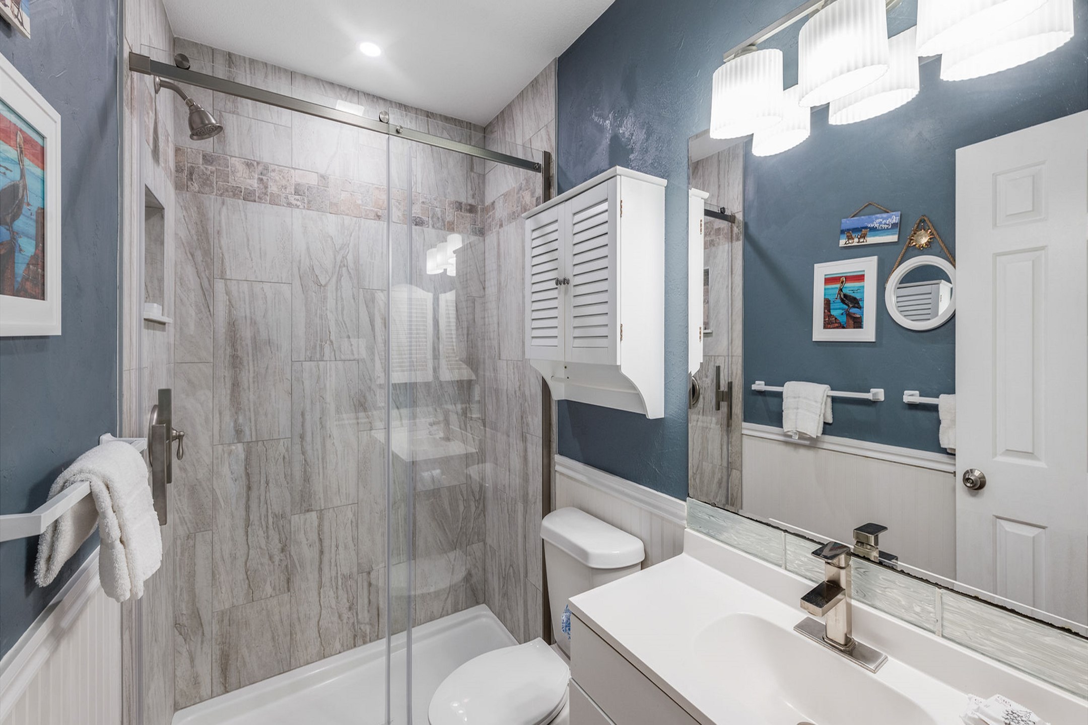 Master bathroom with newly remodeled features and walk in shower