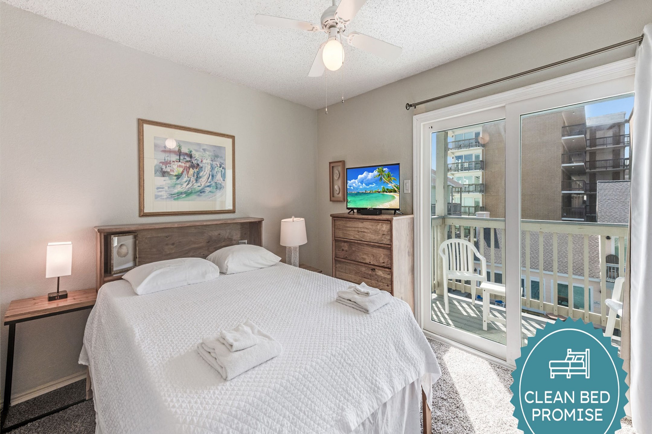 Sleep better at Padre Escapes with our exclusive Clean Bed Promise; providing fresh linens, comforters, and towels washed at high temperatures exceeding CDC recommendations, setting us apart for a truly restful vacation