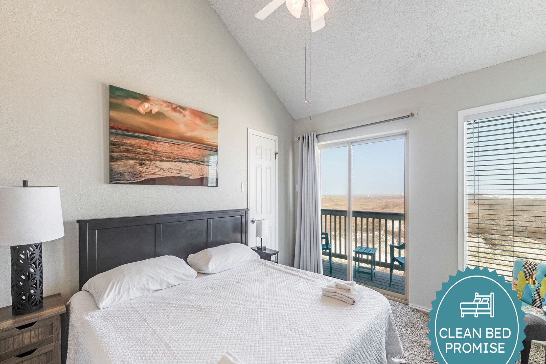 Sleep better at Padre Escapes with our exclusive Clean Bed Promise; providing fresh linens, comforters, and towels washed at high temperatures exceeding CDC recommendations, setting us apart for a truly restful vacation