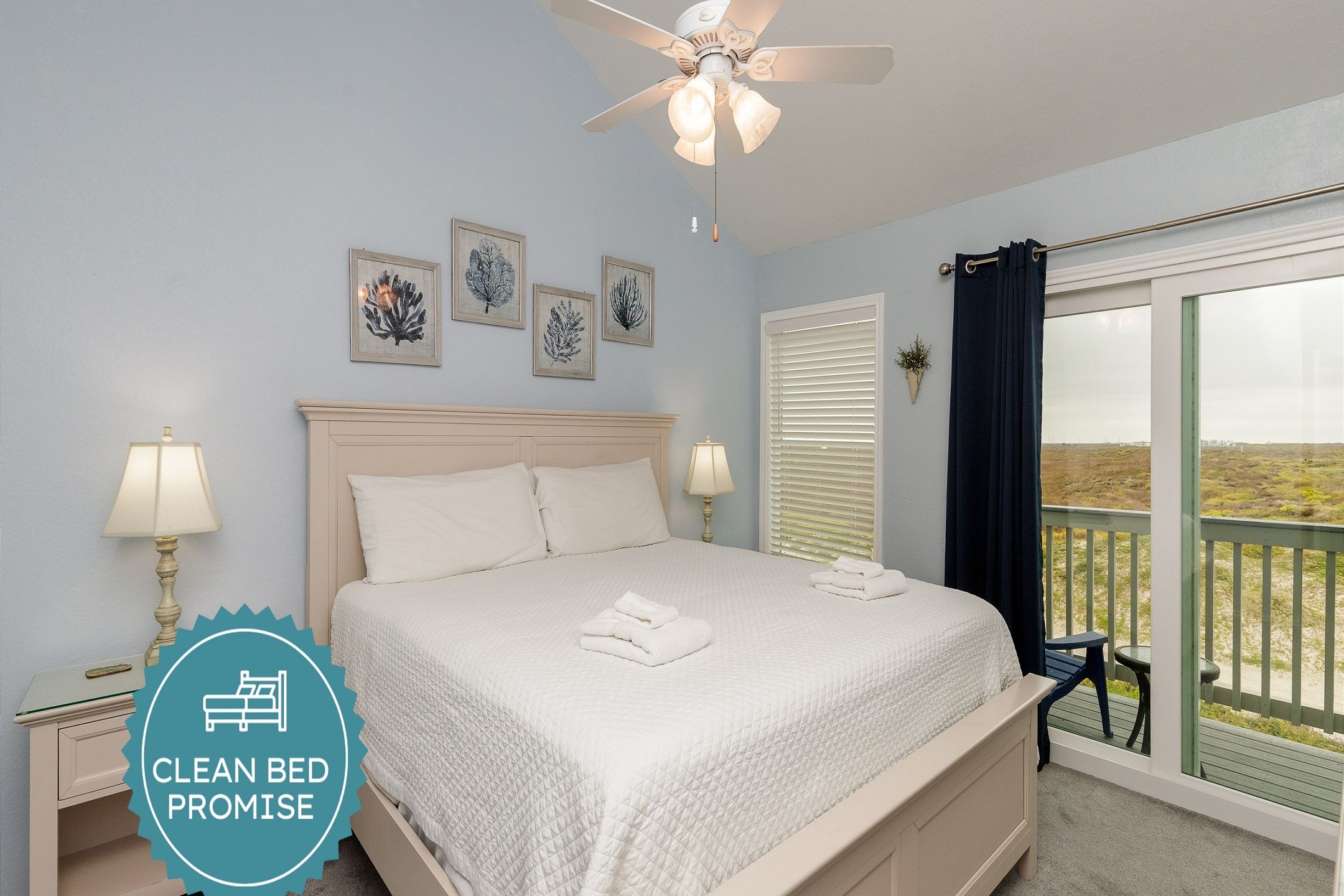 Sleep better at Padre Escapes with our exclusive Clean Bed Promise; providing fresh linens, comforters, and towels washed at high temperatures exceeding CDC recommendations, setting us apart for a truly restful vacation