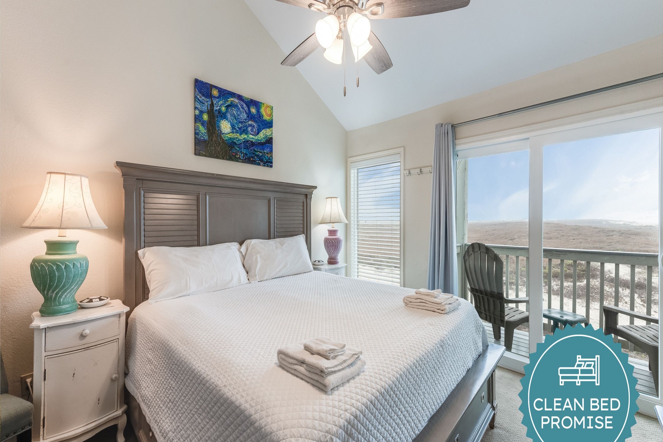 Sleep better at Padre Escapes with our exclusive Clean Bed Promise; providing fresh linens, comforters, and towels washed at high temperatures exceeding CDC recommendations, setting us apart for a truly restful vacation