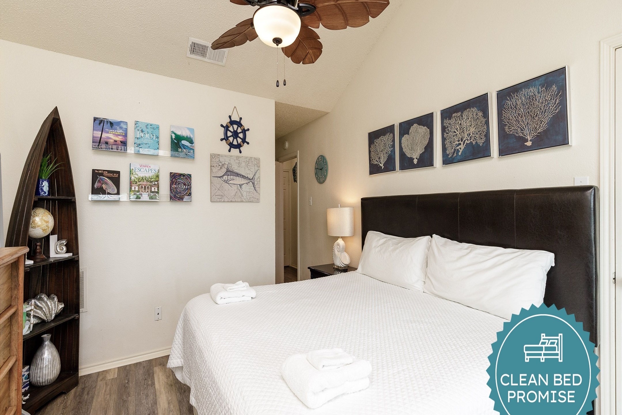 Sleep better at Padre Escapes with our exclusive Clean Bed Promise; providing fresh linens, comforters, and towels washed at high temperatures exceeding CDC recommendations, setting us apart for a truly restful vacation