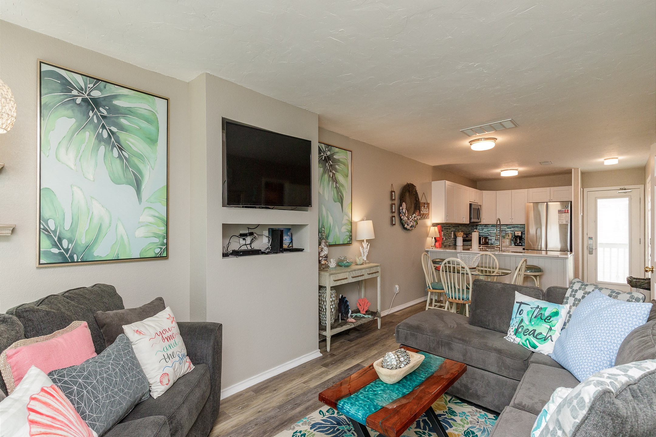 Flowing kitchen, dining, and living area