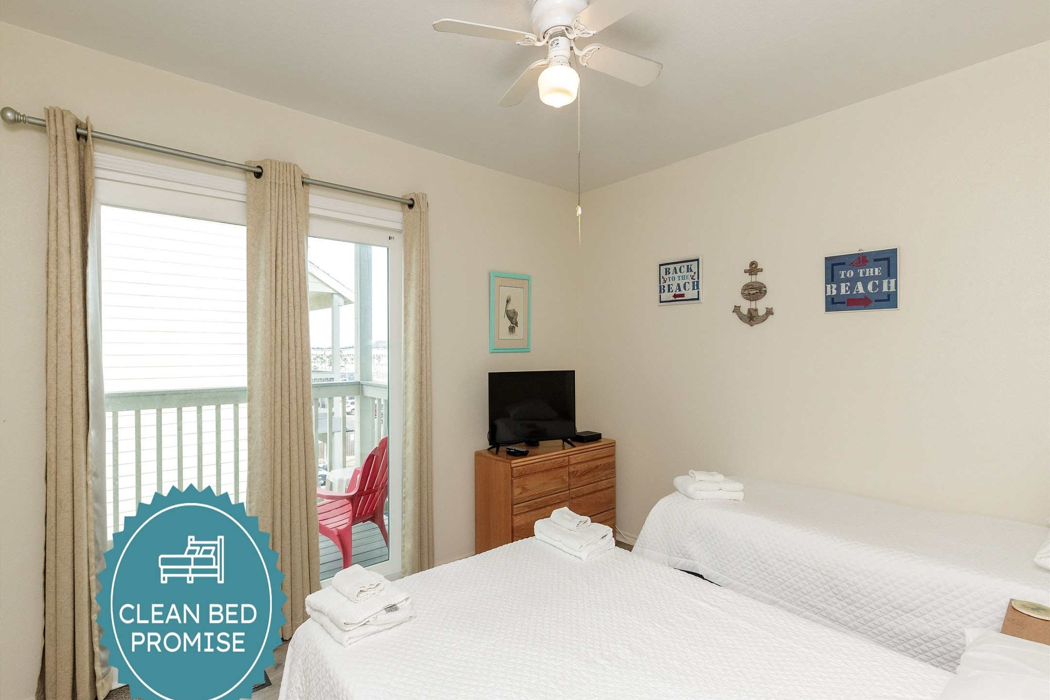Sleep better at Padre Escapes with our exclusive Clean Bed Promise; providing fresh linens, comforters, and towels washed at high temperatures exceeding CDC recommendations, setting us apart for a truly restful vacation