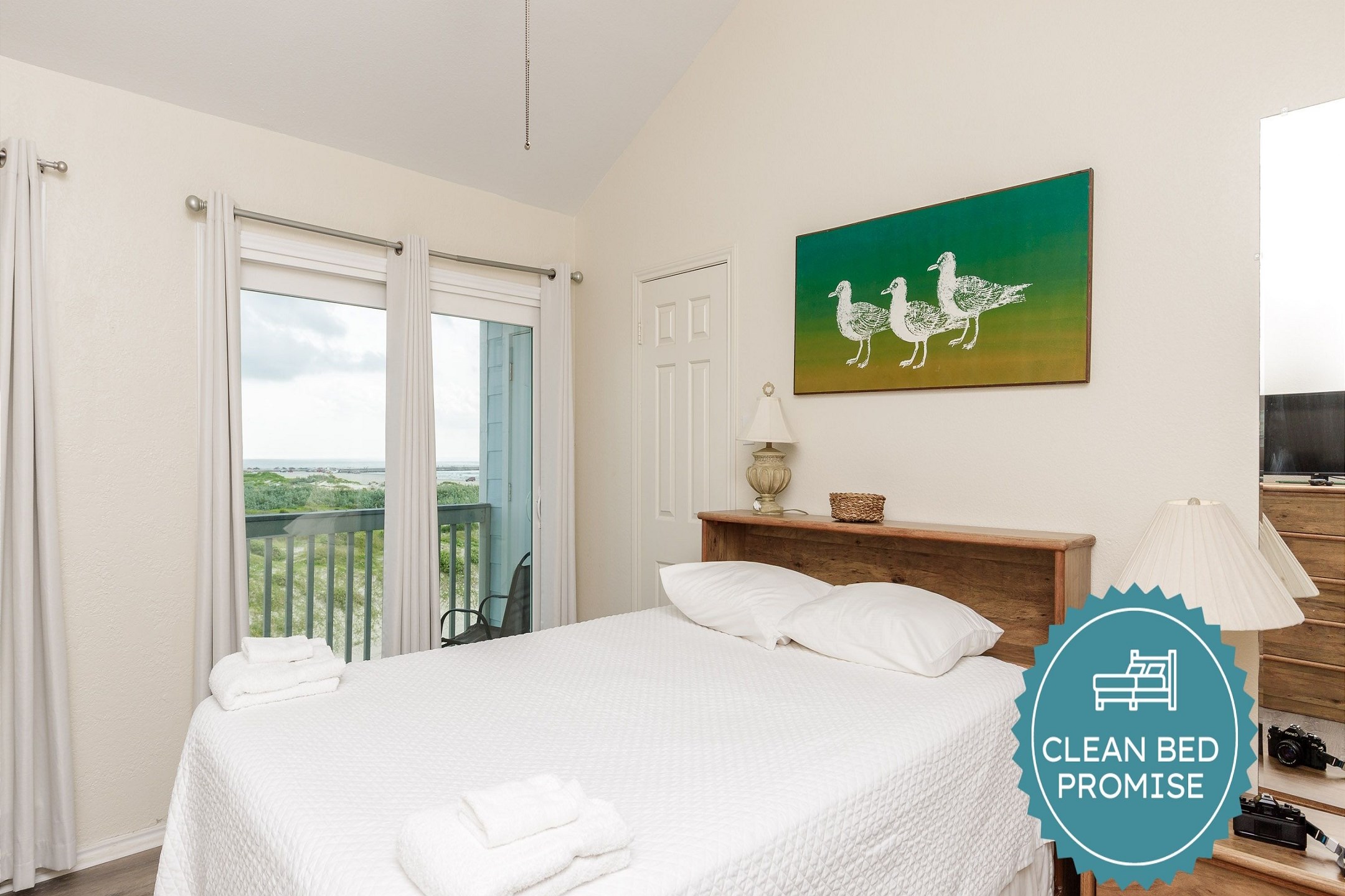 Sleep better at Padre Escapes with our exclusive Clean Bed Promise; providing fresh linens, comforters, and towels washed at high temperatures exceeding CDC recommendations, setting us apart for a truly restful vacation
