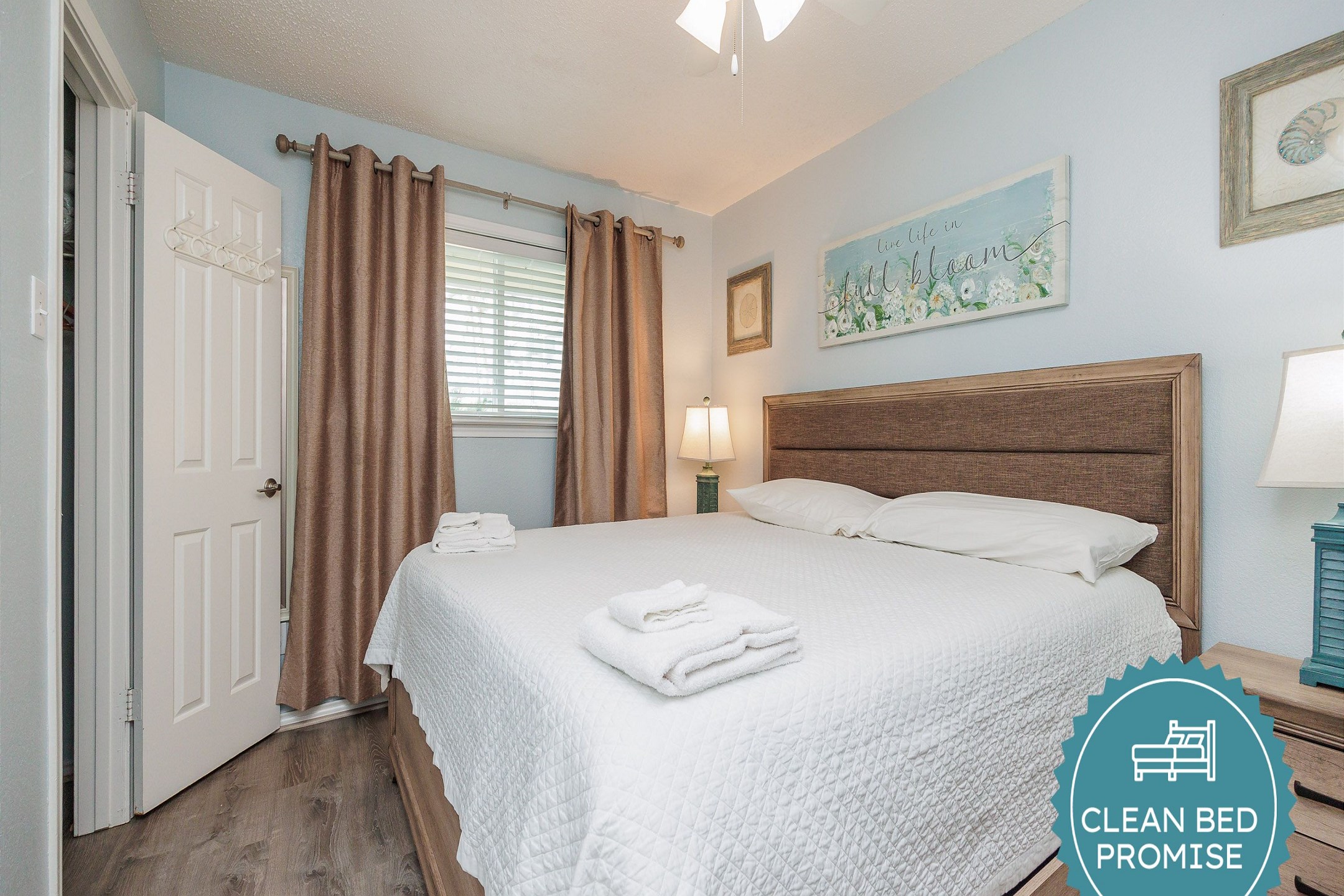 Sleep better at Padre Escapes with our exclusive Clean Bed Promise; providing fresh linens, comforters, and towels washed at high temperatures exceeding CDC recommendations, setting us apart for a truly restful vacation