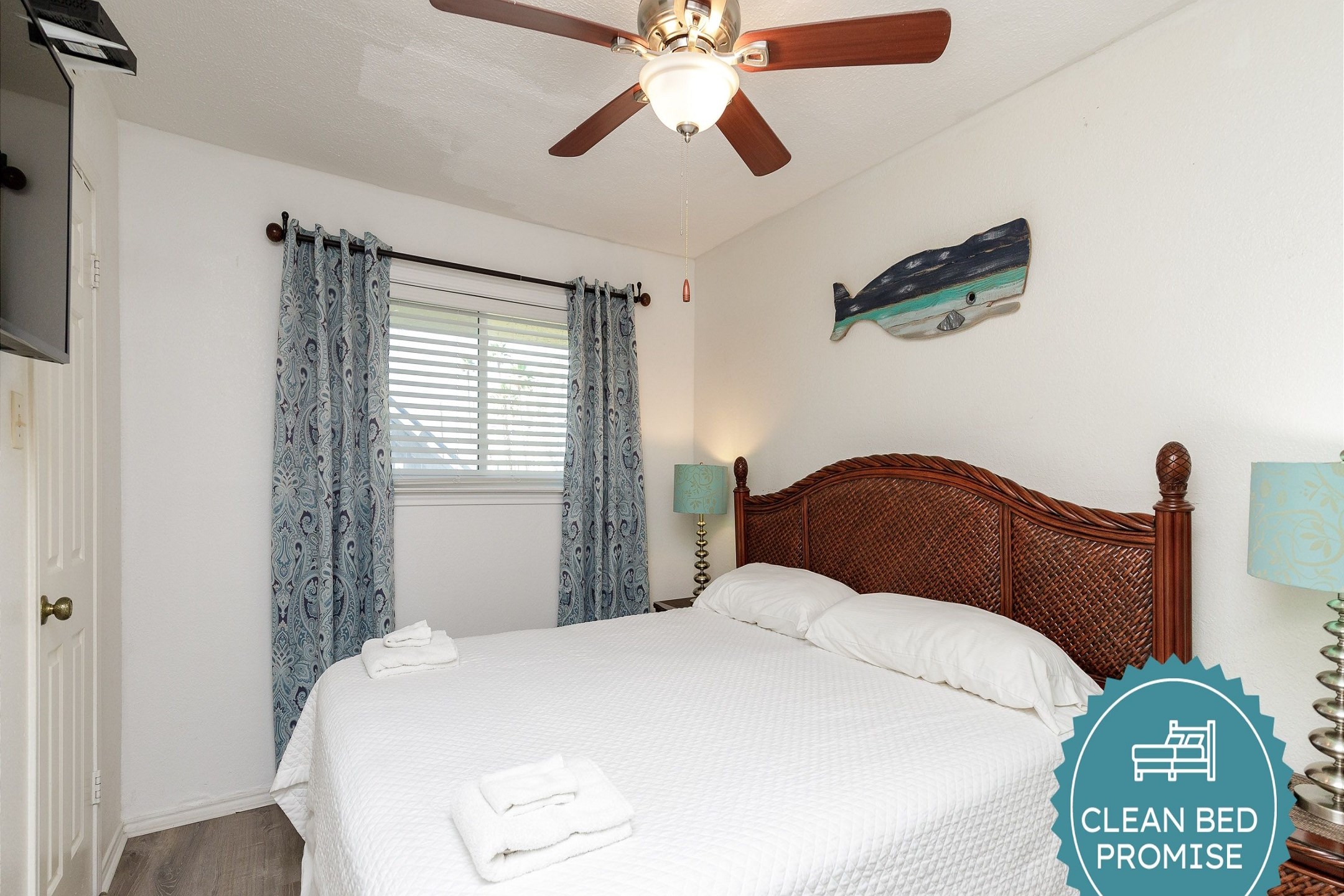 Sleep better at Padre Escapes with our exclusive Clean Bed Promise; providing fresh linens, comforters, and towels washed at high temperatures exceeding CDC recommendations, setting us apart for a truly restful vacation