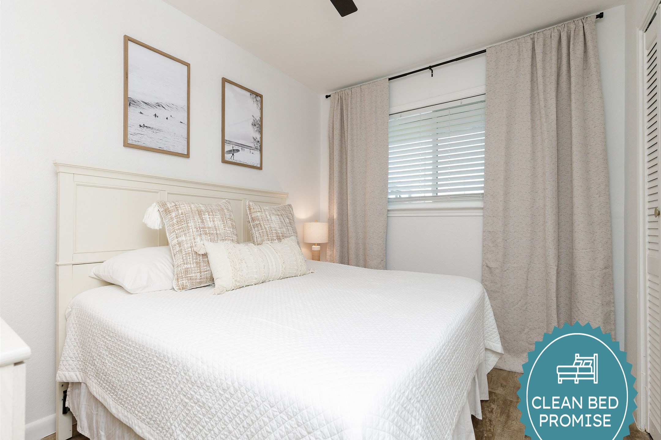 Sleep better at Padre Escapes with our exclusive Clean Bed Promise; providing fresh linens, comforters, and towels washed at high temperatures exceeding CDC recommendations, setting us apart for a truly restful vacation