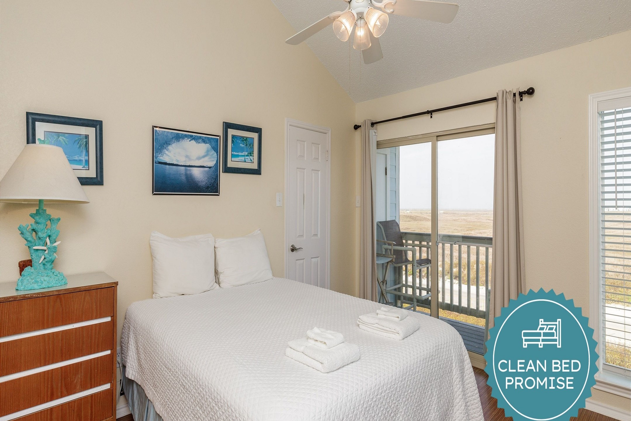 Sleep better at Padre Escapes with our exclusive Clean Bed Promise; providing fresh linens, comforters, and towels washed at high temperatures exceeding CDC recommendations, setting us apart for a truly restful vacation   