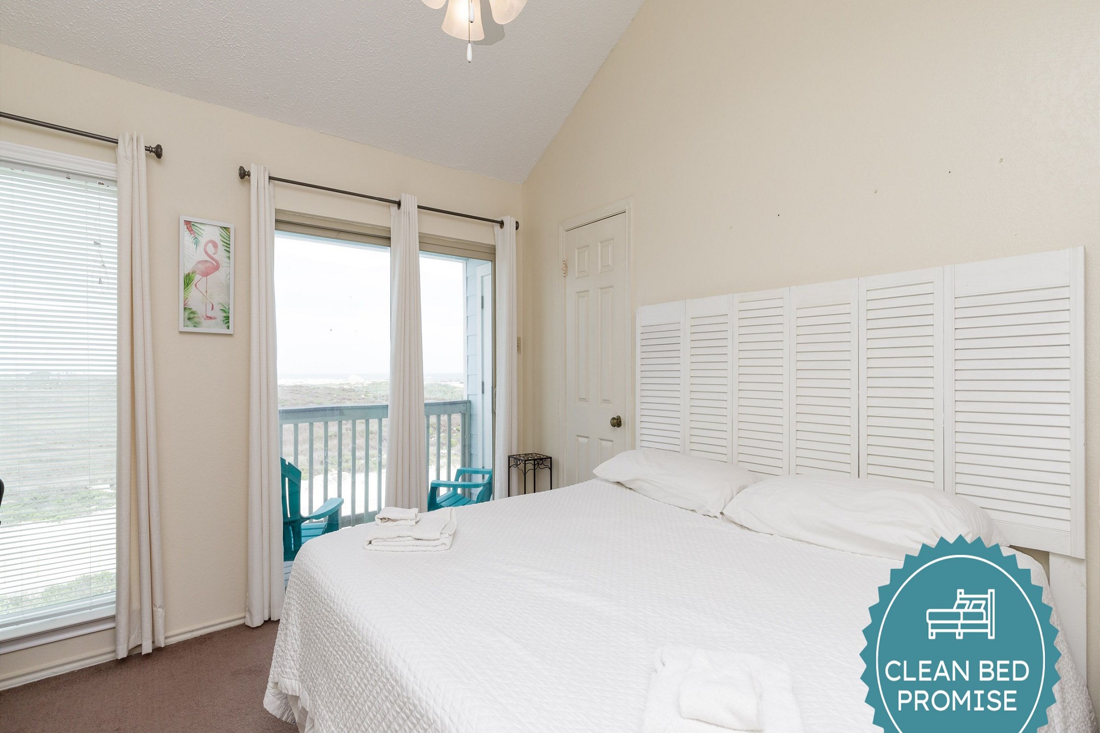 Sleep better at Padre Escapes with our exclusive Clean Bed Promise, providing fresh linens, comforters, and towels washed at high temperatures exceeding CDC recommendations, setting us apart for a truly restful vacation 
